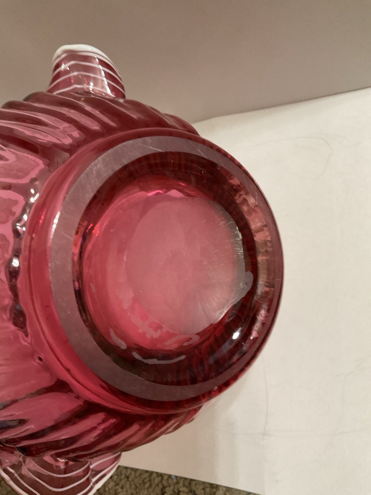 Fenton Cranberry Glass Overlay Ruffled Basket with Handle 1950 Ribbed Art Glass