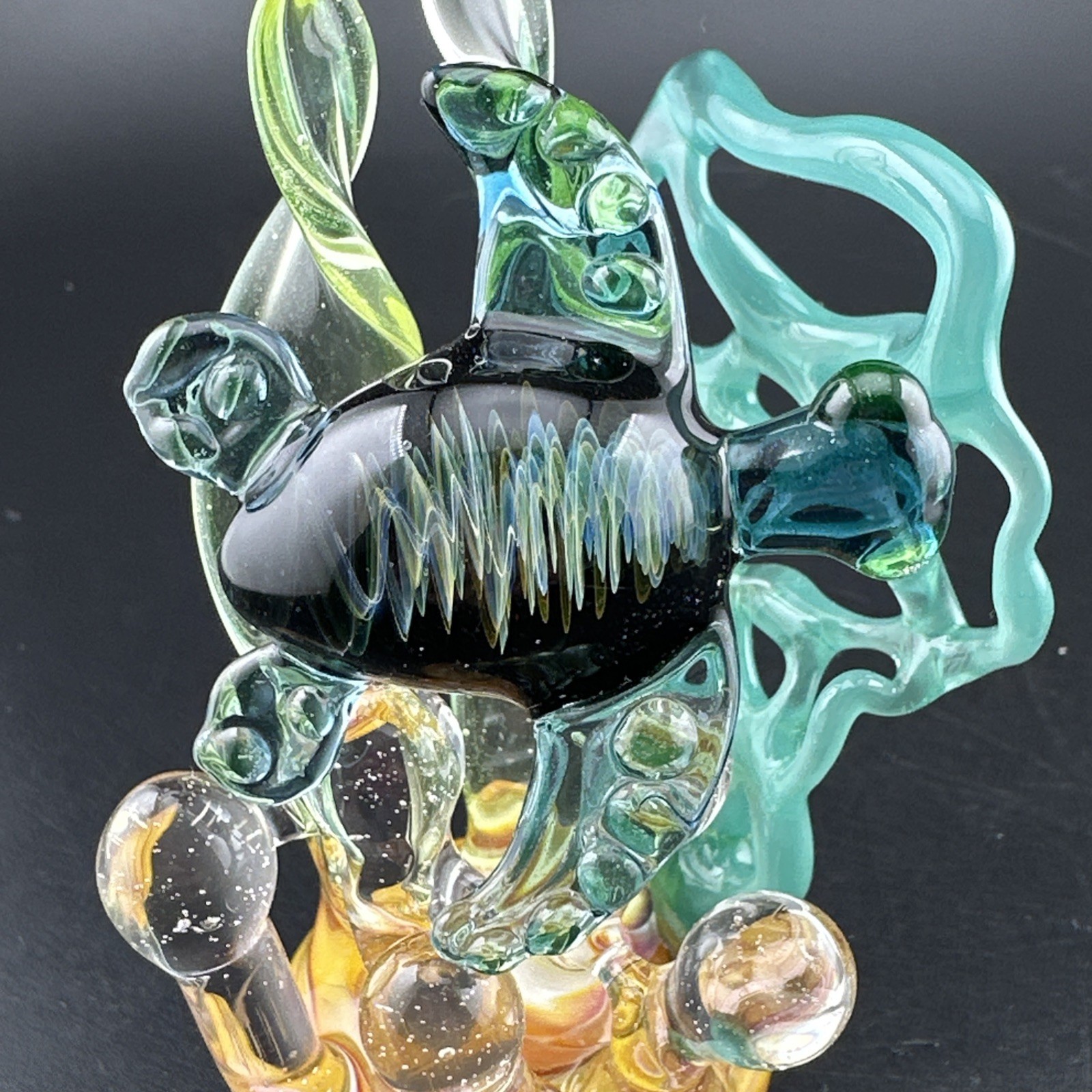 Handblown Uranium Glass Art Sea Turtle Coral Reef Sculpture UV Reactive Colors!
