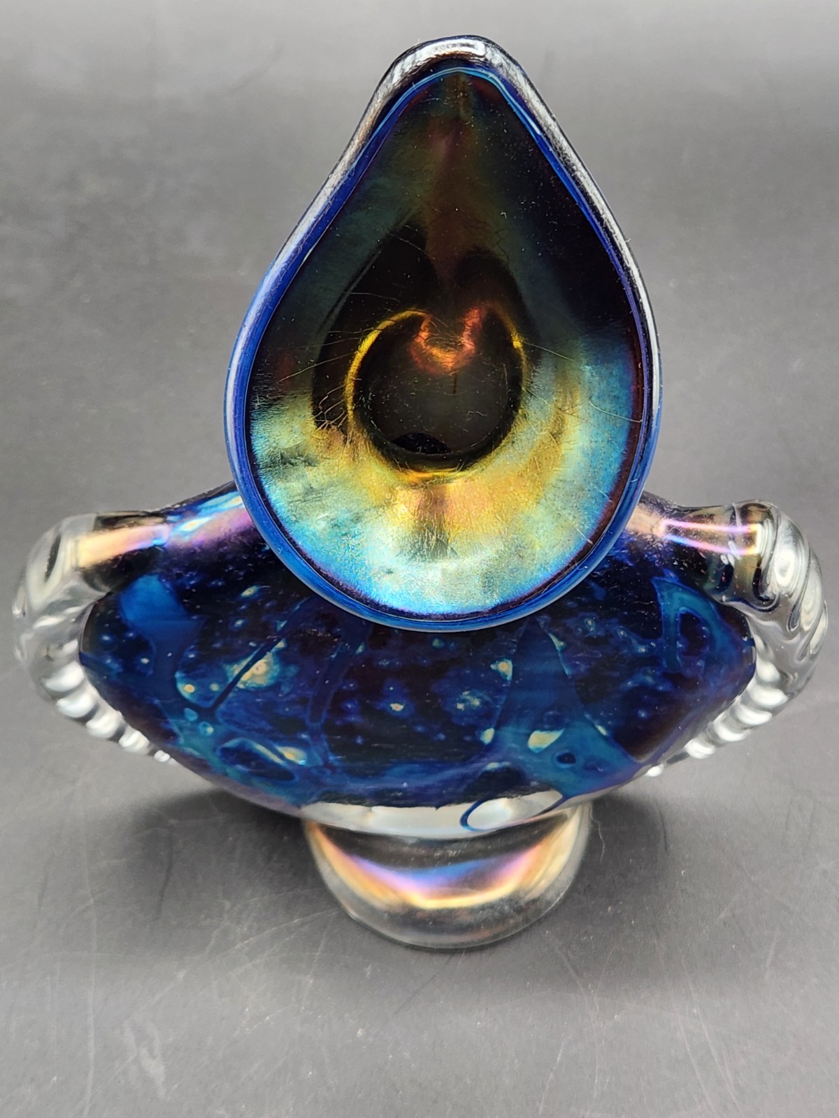 Jack In the Pulpit Blue Iridescent Vase Carnival Glass – 1997 – Signed