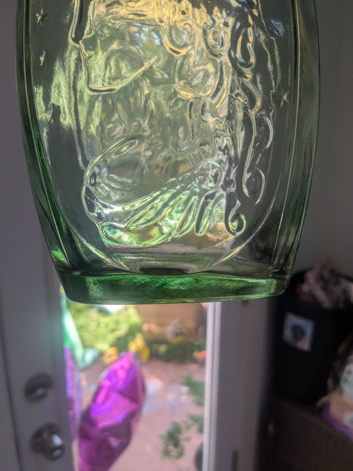 Vintage Wheaton Lady Liberty Eagle Shield Green Glass Flask Bottle