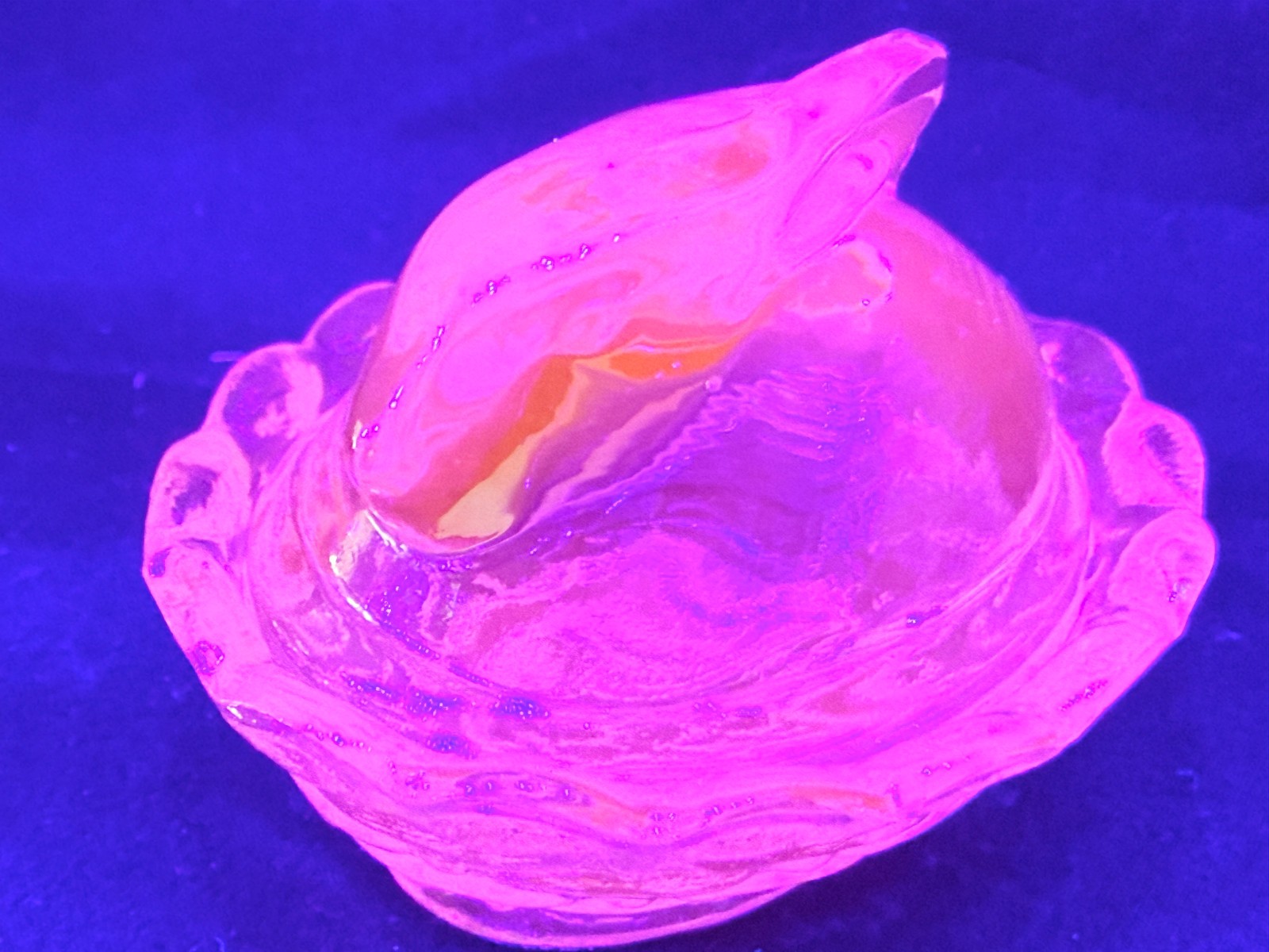 Teal green Vaseline Uranium glass Bunny rabbit on nest basket Easter salt cellar