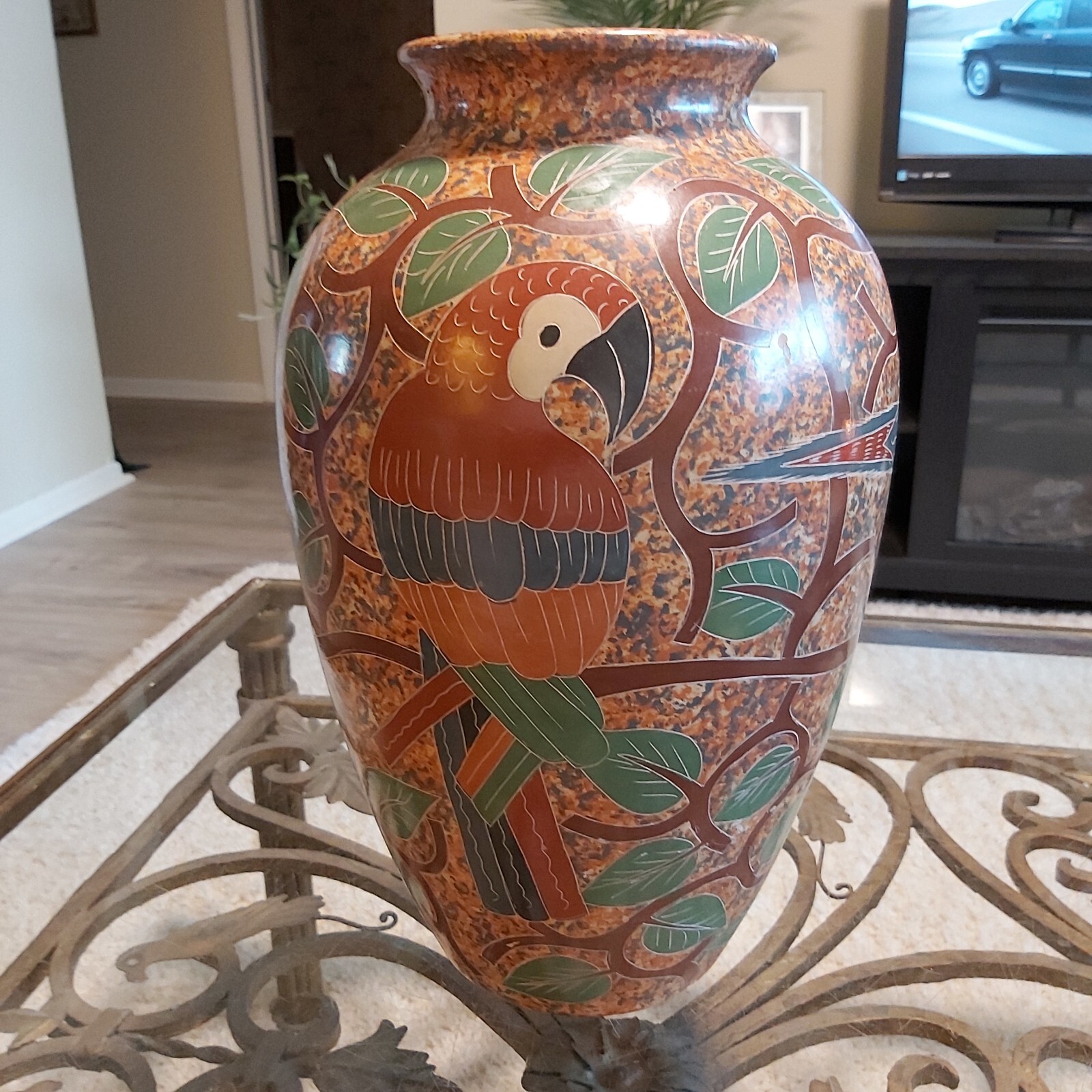 Vintage Handmade Clay Vase Decorated with Parrots And Trees READ