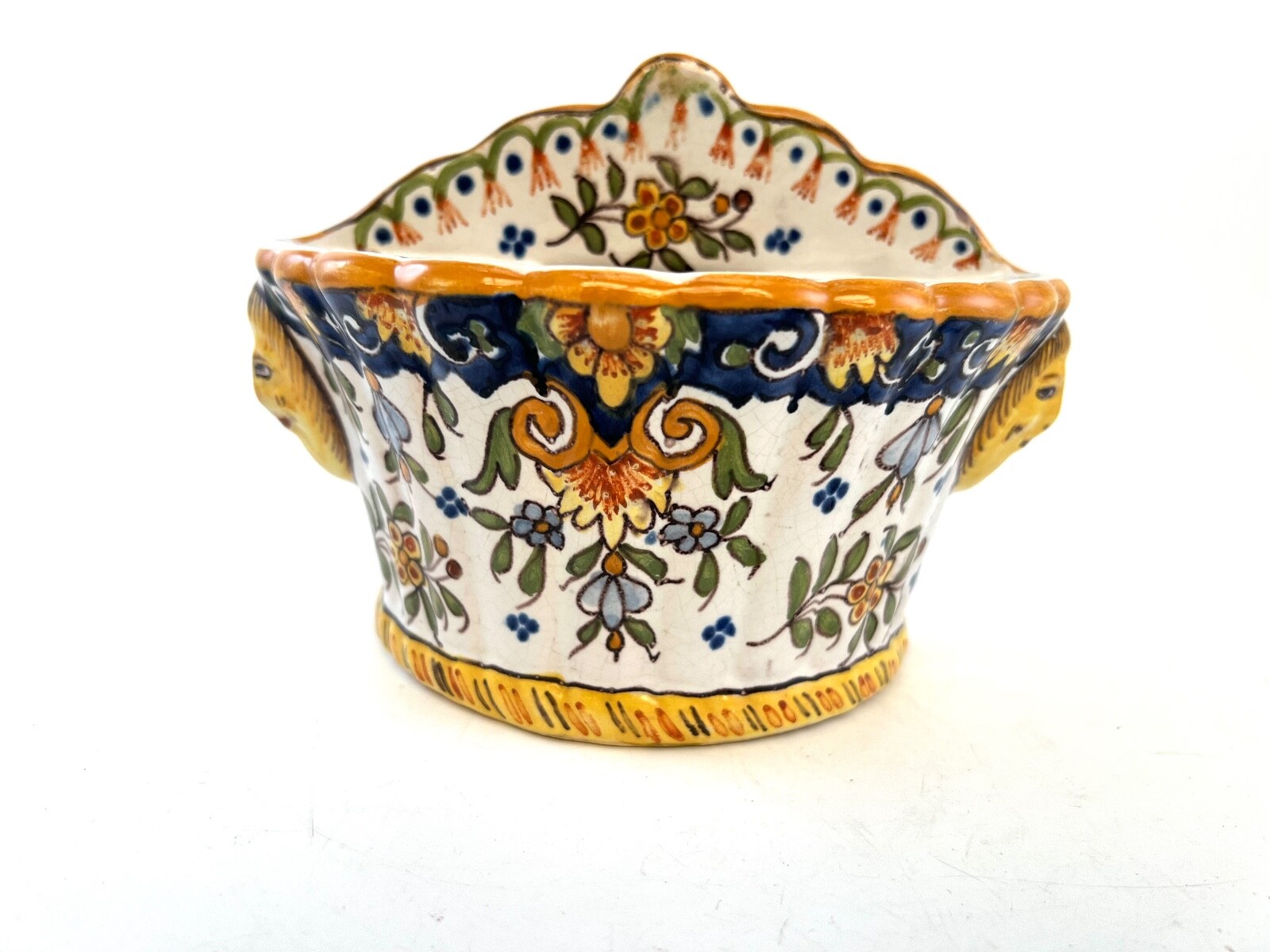 Desvres Earthenware Applique Bouquet Box – Floral Decor & Lion Handles – 19th…