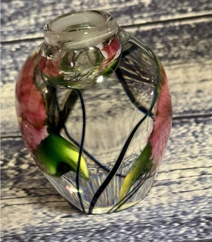 Stunning Signed Art Glass Perfume Bottle Hand Painted Floral Hand Blown
