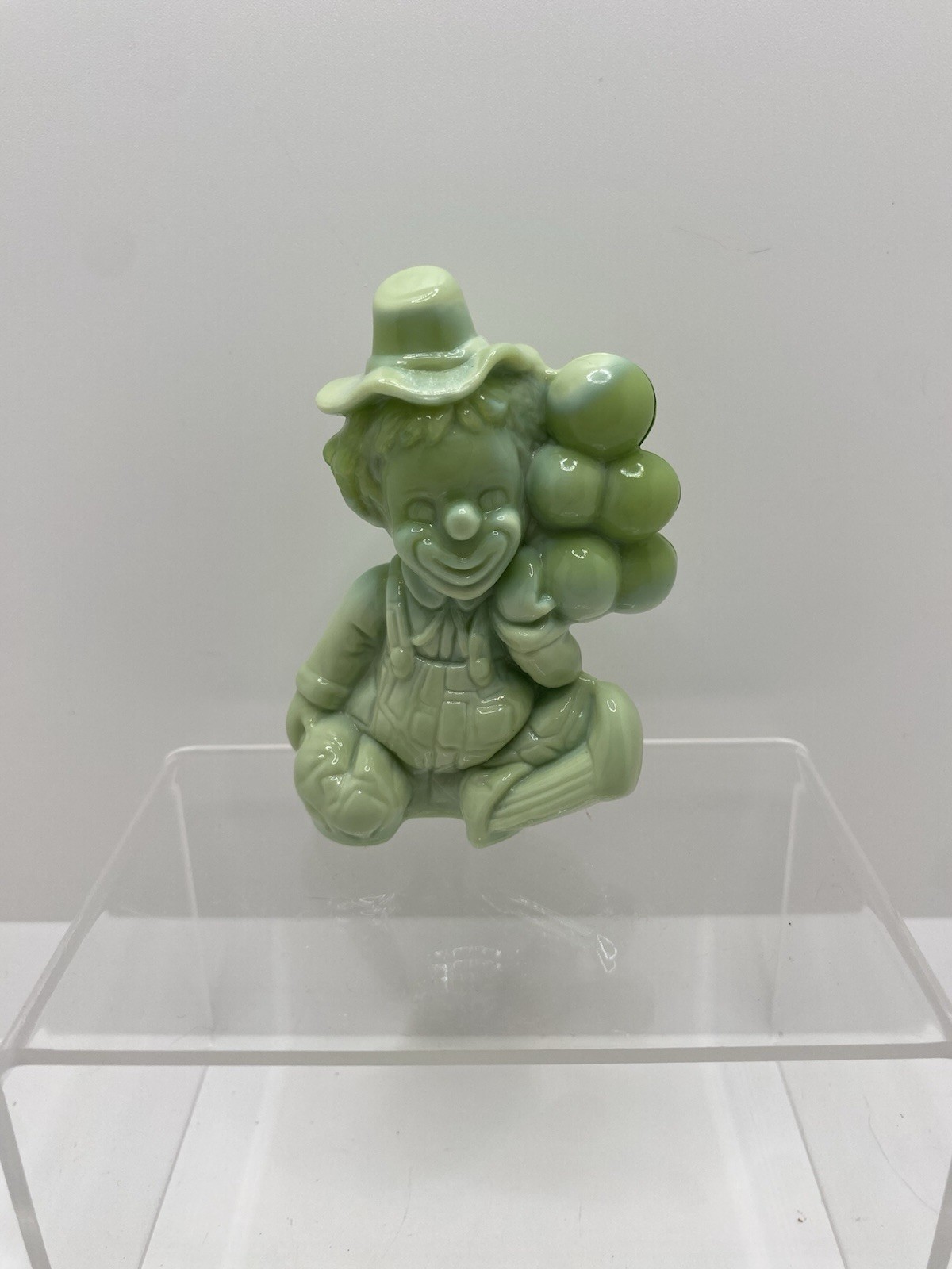 Mosser Art Glass 1981 Balloon Clown ‘Bags’ Jadeite Green Glass Figurine 3″