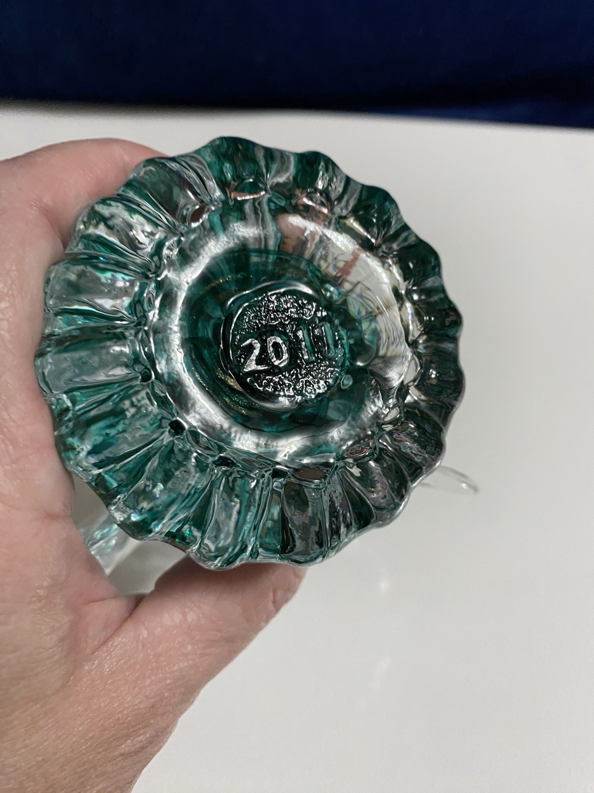 Crystal Clear Teal Gold Swirl Praying Angel Stamped 2011 6” Tall Blenko?
