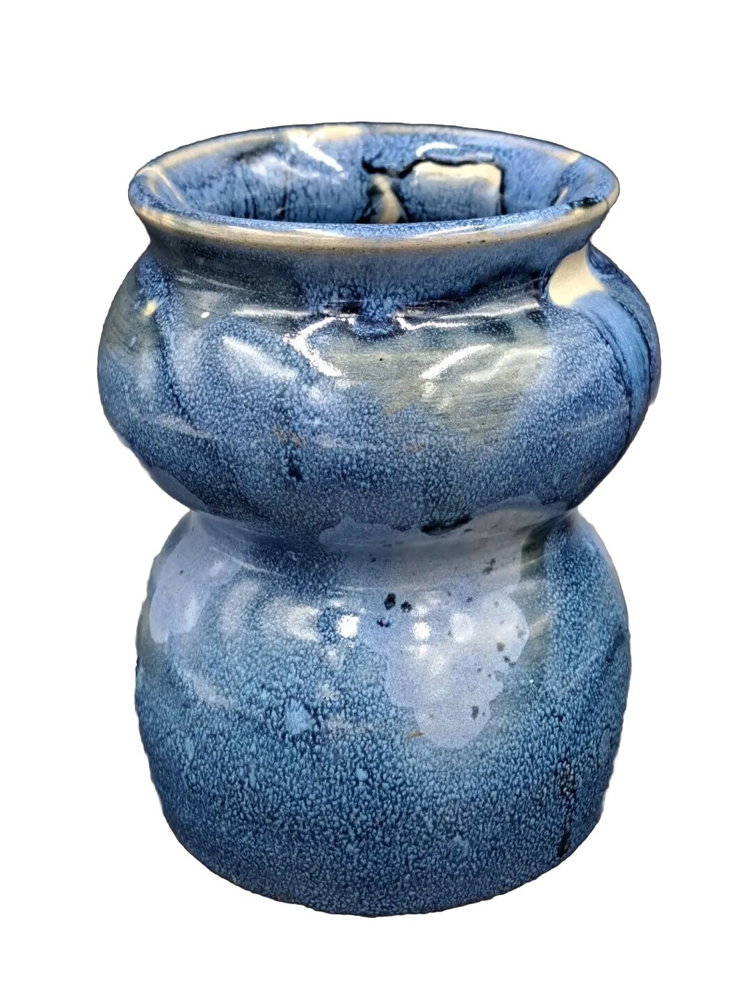 Vintage Bulbous Studio Pottery Blue Green Drip Glaze Hourglass Vase 5.5″ Unique