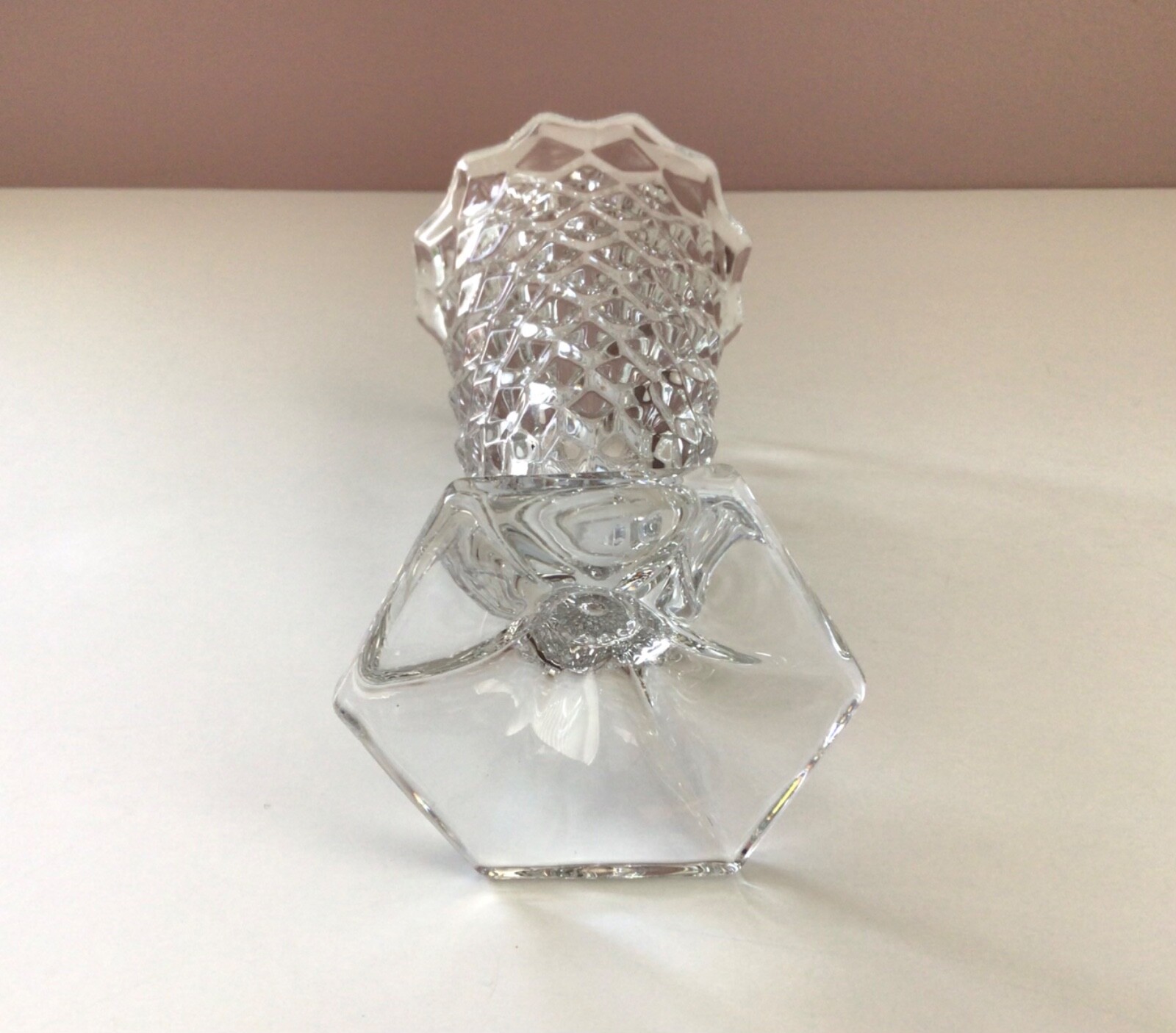 Fostoria Authentic American Clear Glass Cube Hexagon Footed Flared Bud Vase 6″