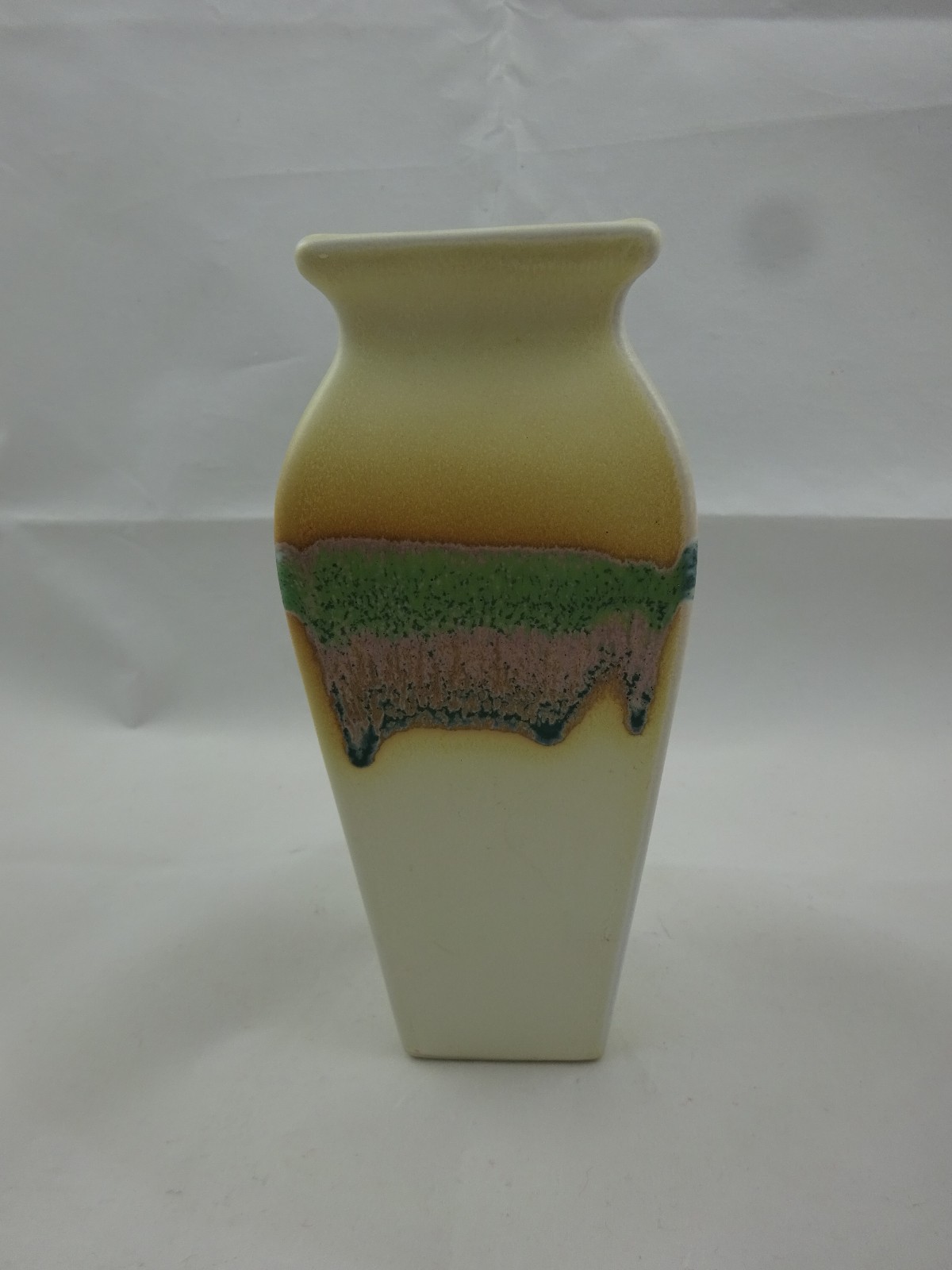 San Pacific San Francisco Drip Glaze Pottery Vase ~ 7″ Tall ~ Tan Green Pink