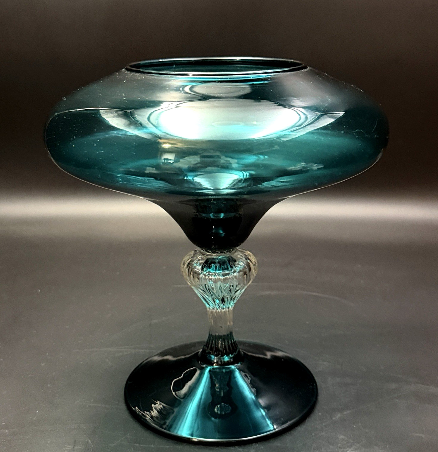 Empoli Italy Glass Teal Blue Candy Swirled Pedestal Compote Dish Vase 8 1/2″T