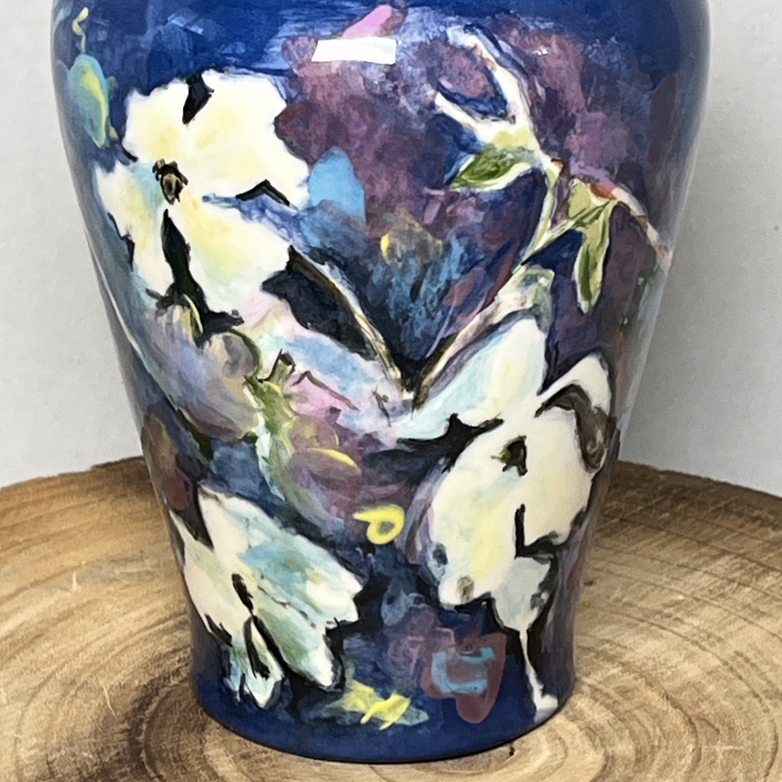 Stunning Art Pottery Hand Painted Vase White Pansies Dogwood Flowers Blue Signed