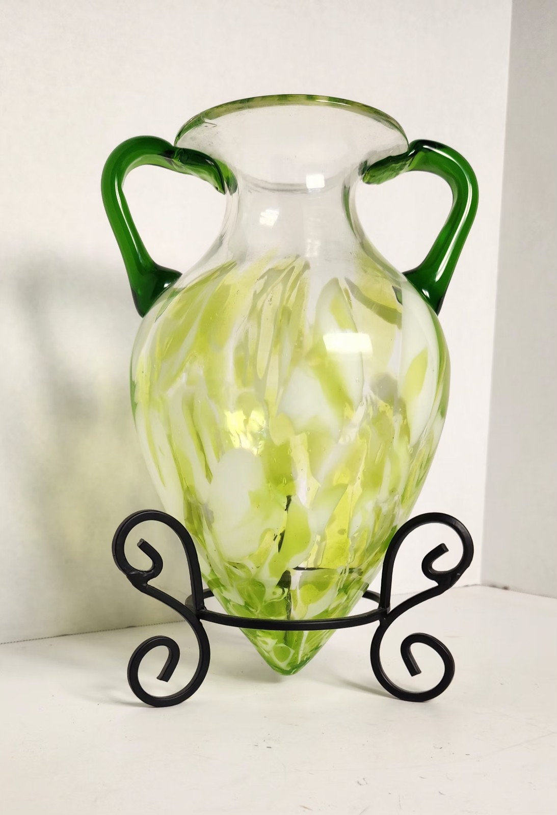 VTG Yalos Murano Glass Variegated Green Amphora Vase With Cast Iron Metal Stand