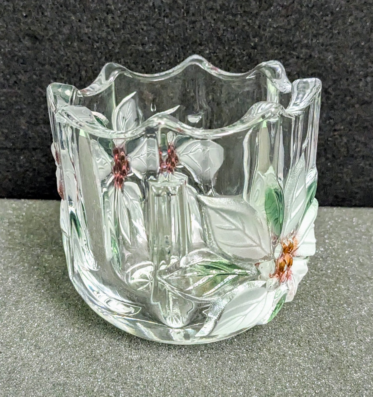 Mikasa “POINSETTIA” Frosted Crystal Holiday Votive Candle Holder: Ø3.3″, H3.3″