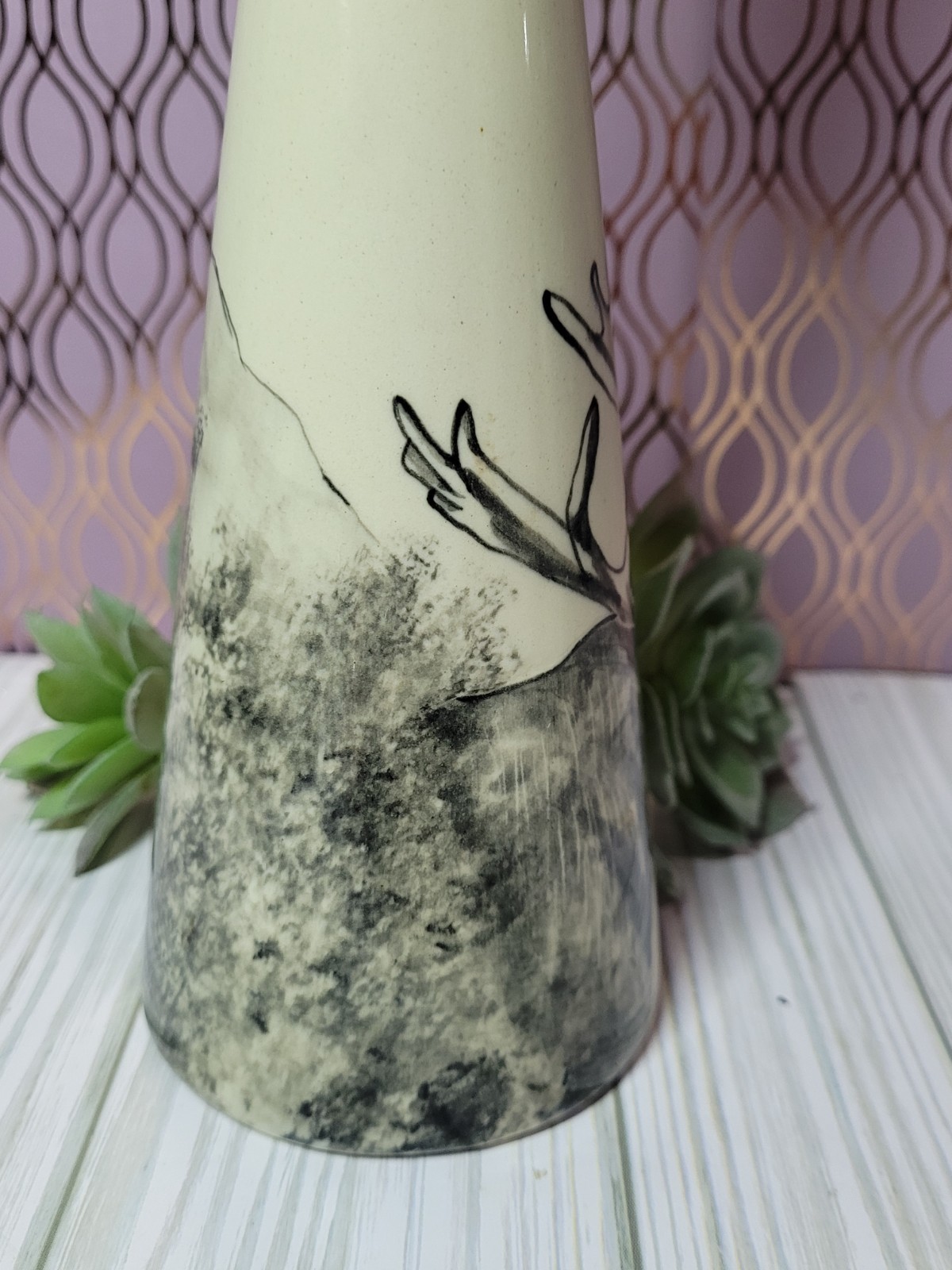 Signed S A Wardlaw Hand Painted Moose Pitcher Vase 12″ Rustic Lodge Wildlife Art