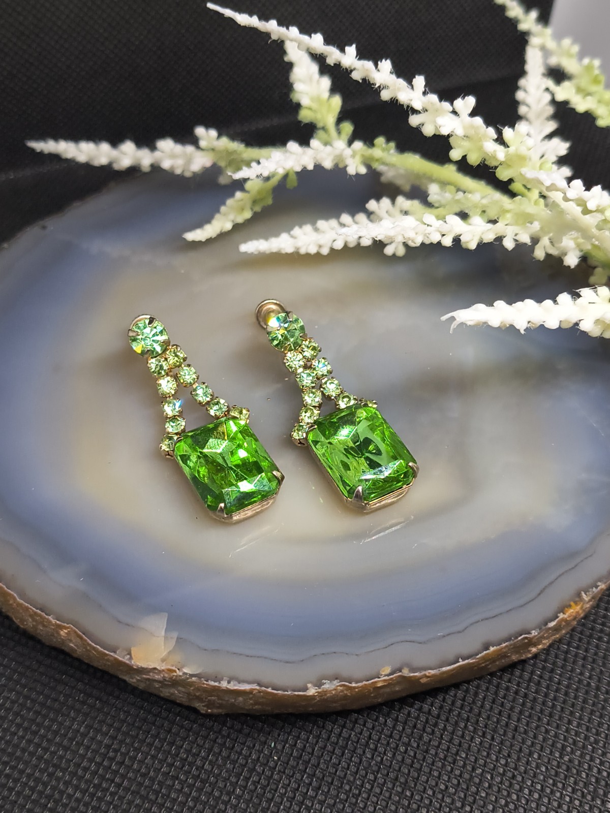 Uranium Glass Crystal With Main Rhinestone Drop Earrings Green Gold Tone Dangle