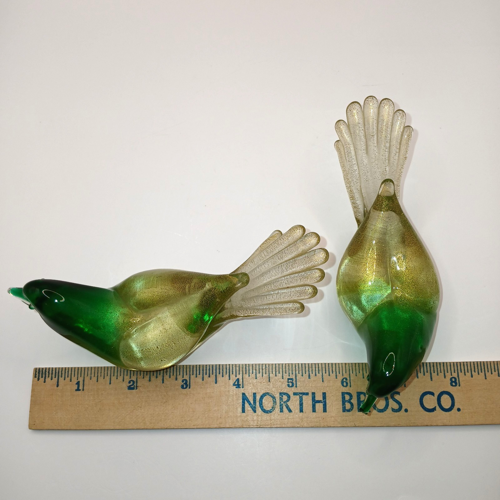 Green Blown Glass Bird Figurines Aventurine Murano Style Doves Clear Pontil READ