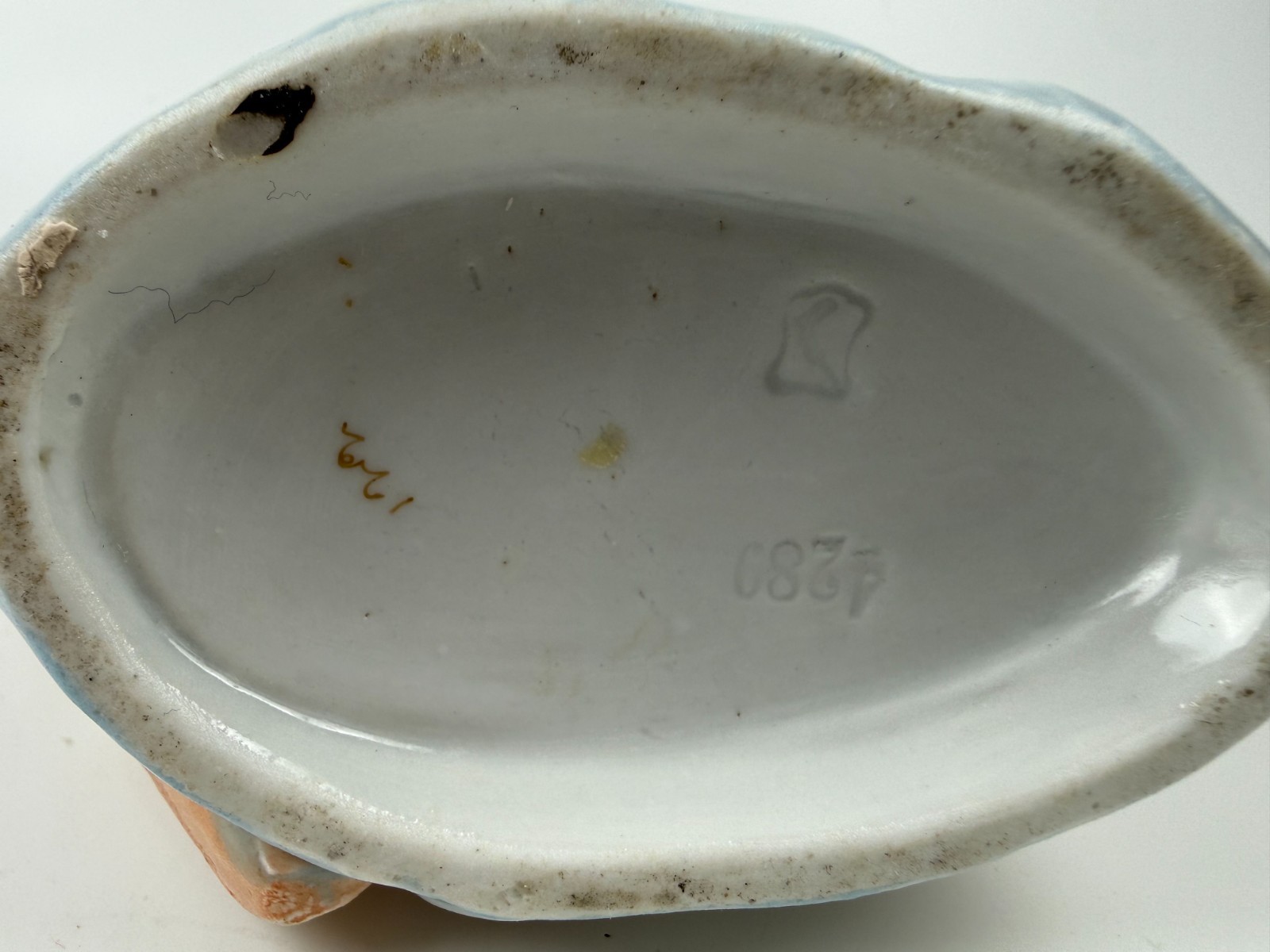 Antique Germany Conta Boehme Porcelain Match holder bud vase boy boat figurine