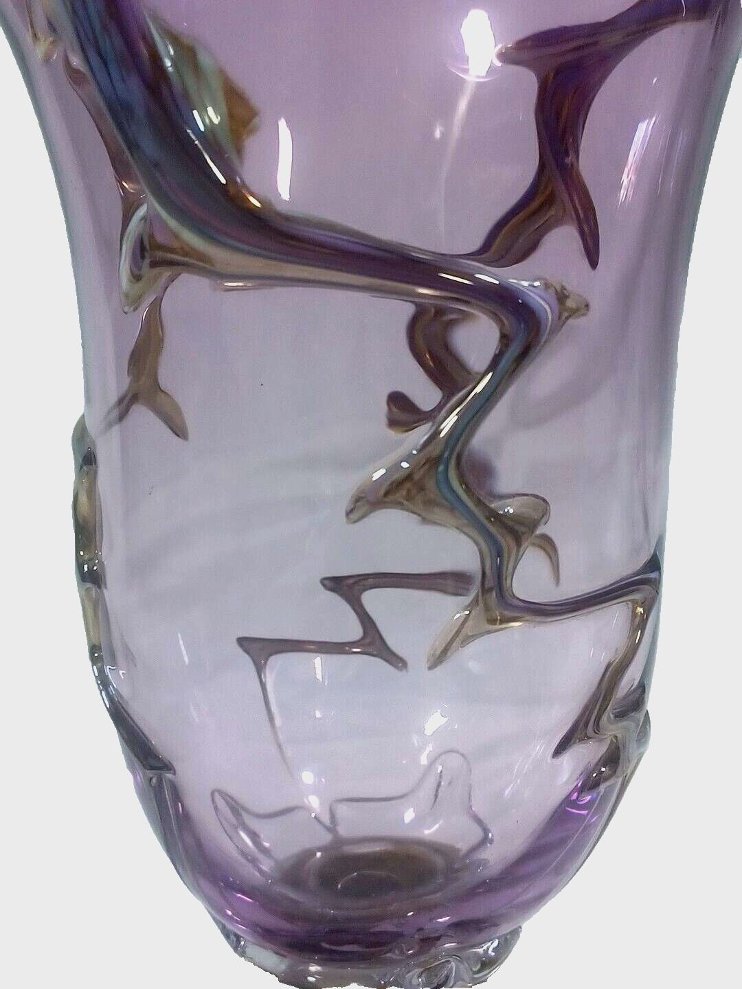 STUNNER 13″ Purple Copper Infused Art Deco Murano Vine Confetti Centerpiece Vase