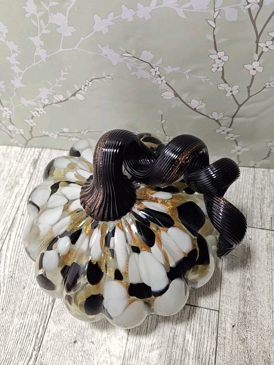 Hand Blown Art Glass Pumpkin Copper Black White Medium Swirl Glitter Decorative