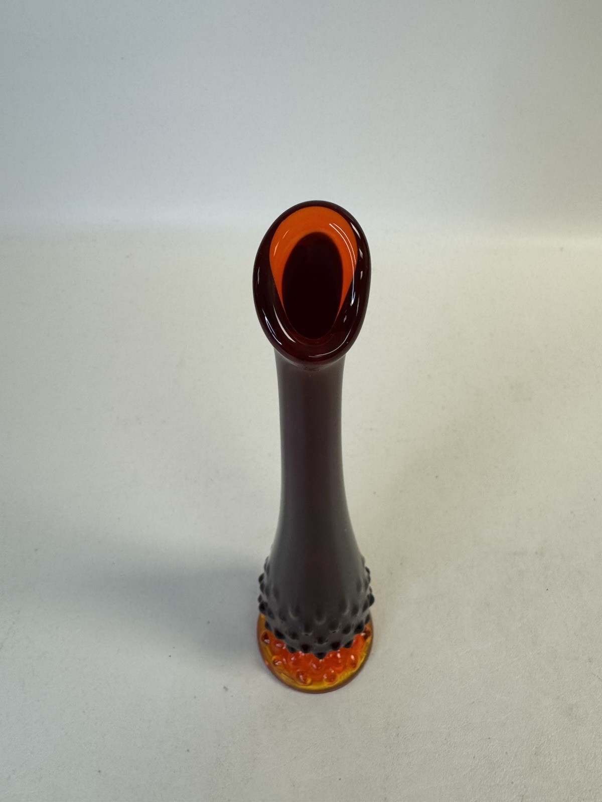 Vintage 70s FENTON 10″ Glowy Amberina Red & Yellow Hobnail Print Swung Bud Vase