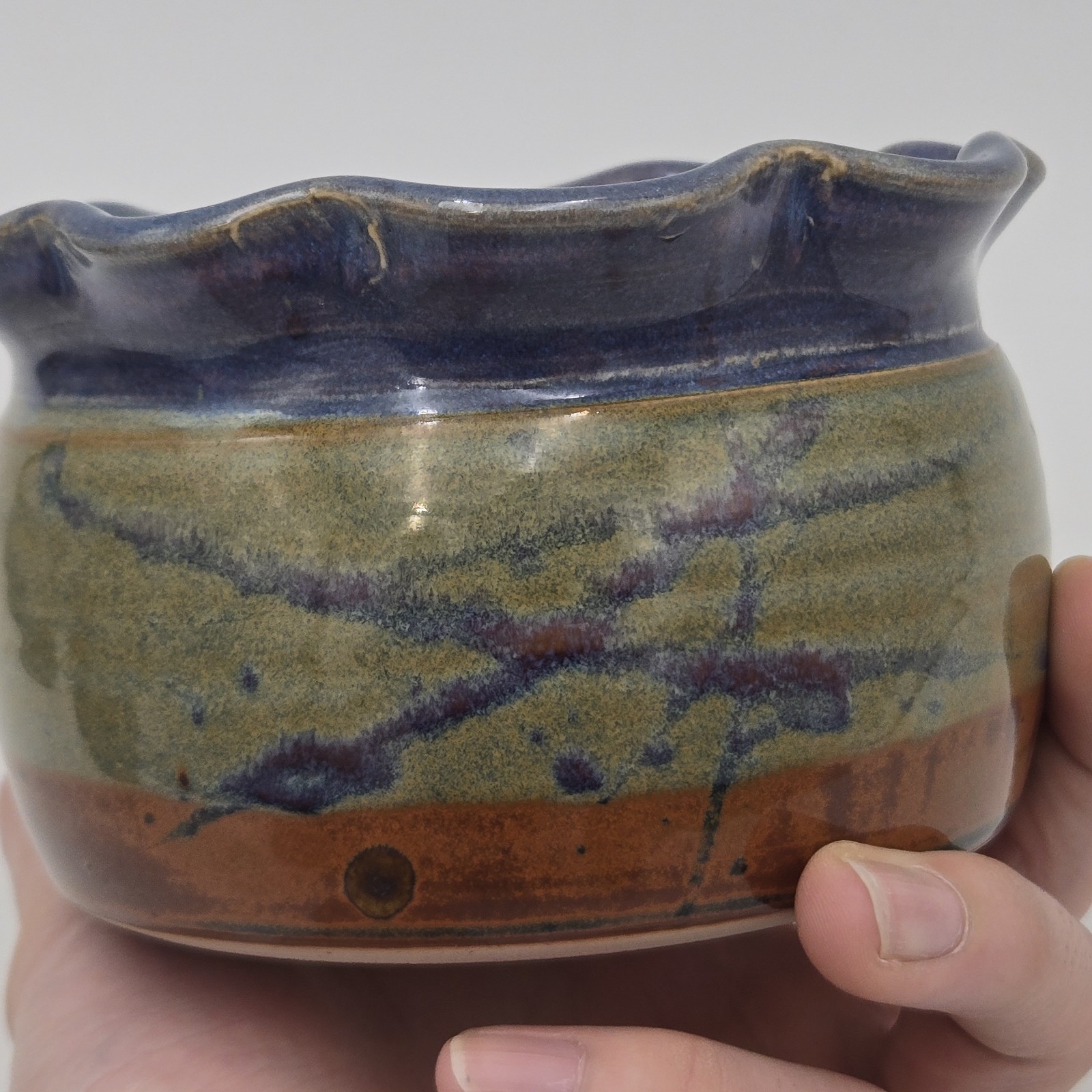 Three Stripe Studio Art Pottery Vase or Planter w/ Scalloped Rim Signed