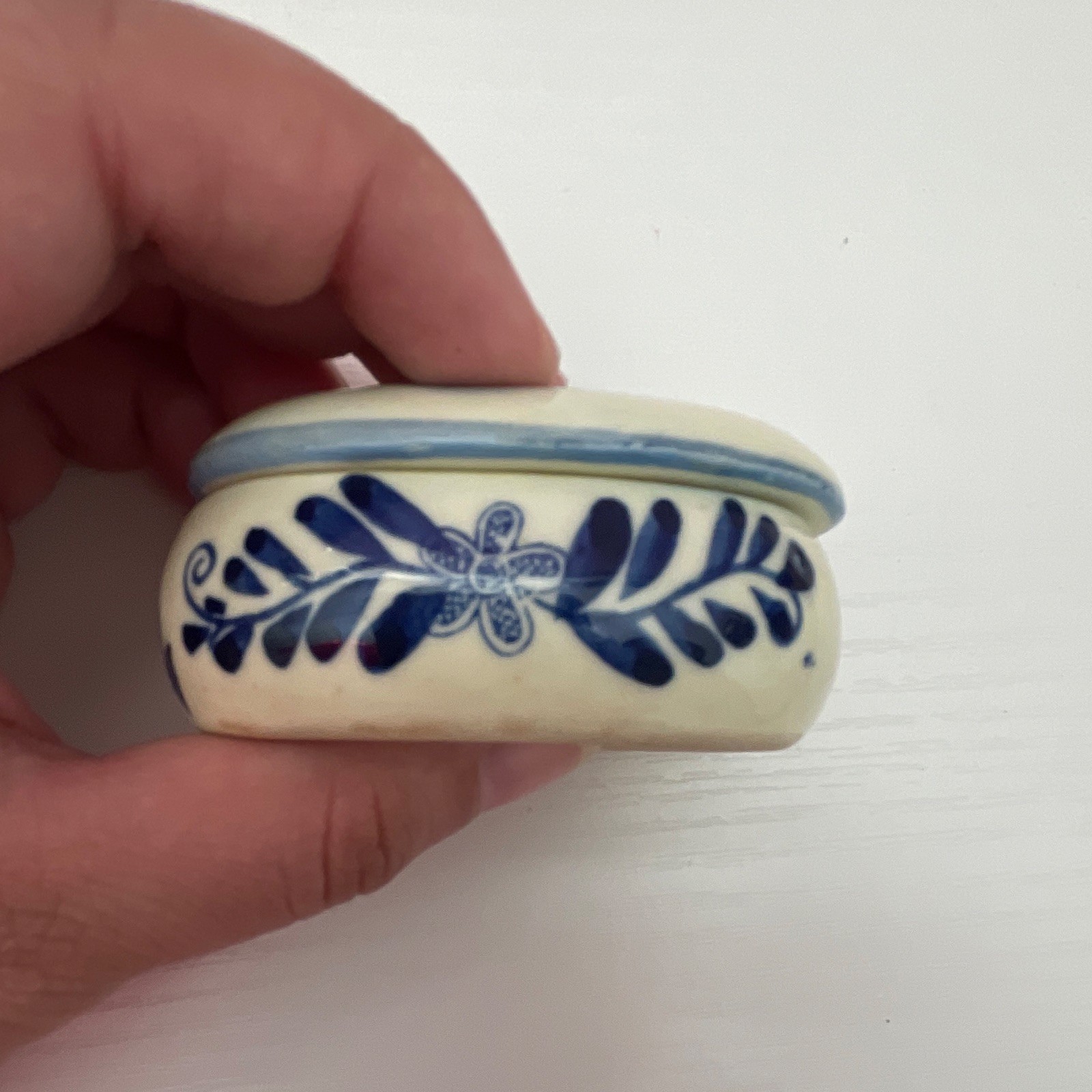 Blue & White Ceramic Oval Lidded Decorative Pill Box