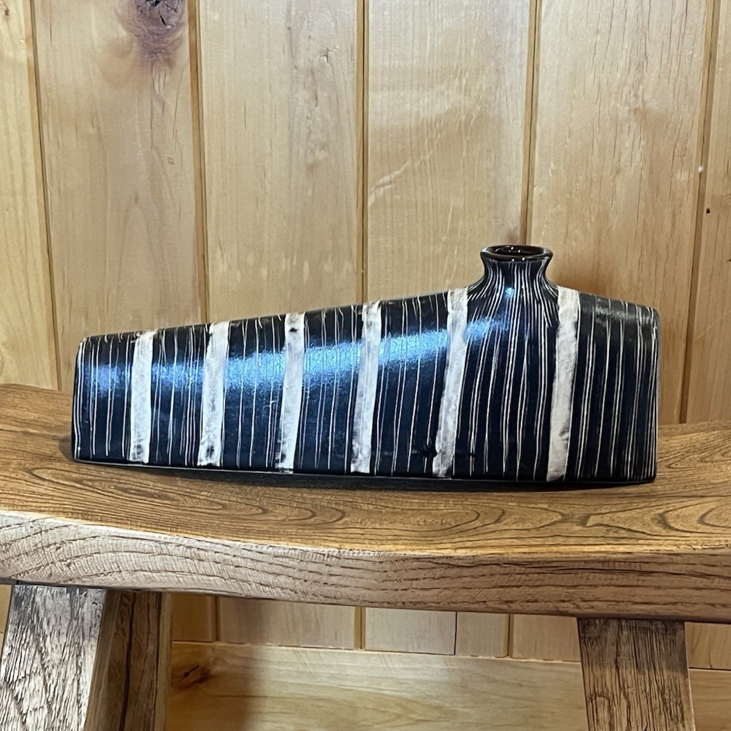 Mid Century Modern style Sgraffito Pottery Vase Artisan Organic & Tribal B & W