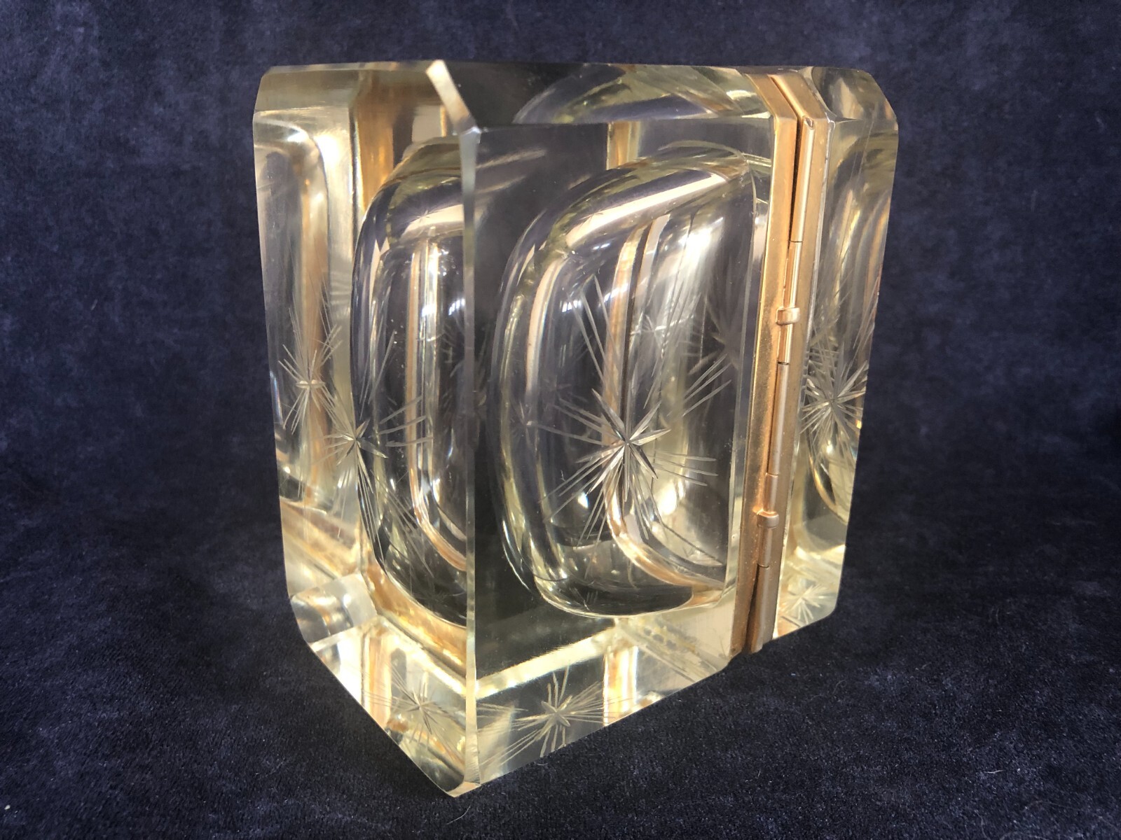 Mid Century Modern Italian Murano Hand Cut Hinged Glass Box ,Gilded Bronze Frame