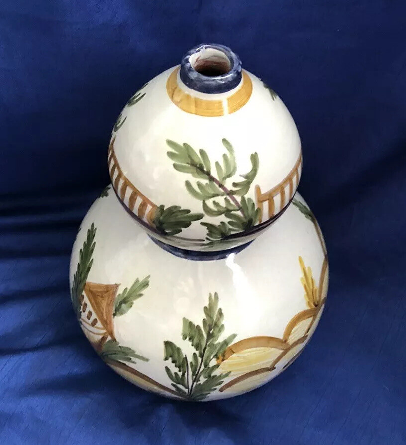Handpainted Double Gourd Vase Marked Artist Signed Made in Portugal Vintage