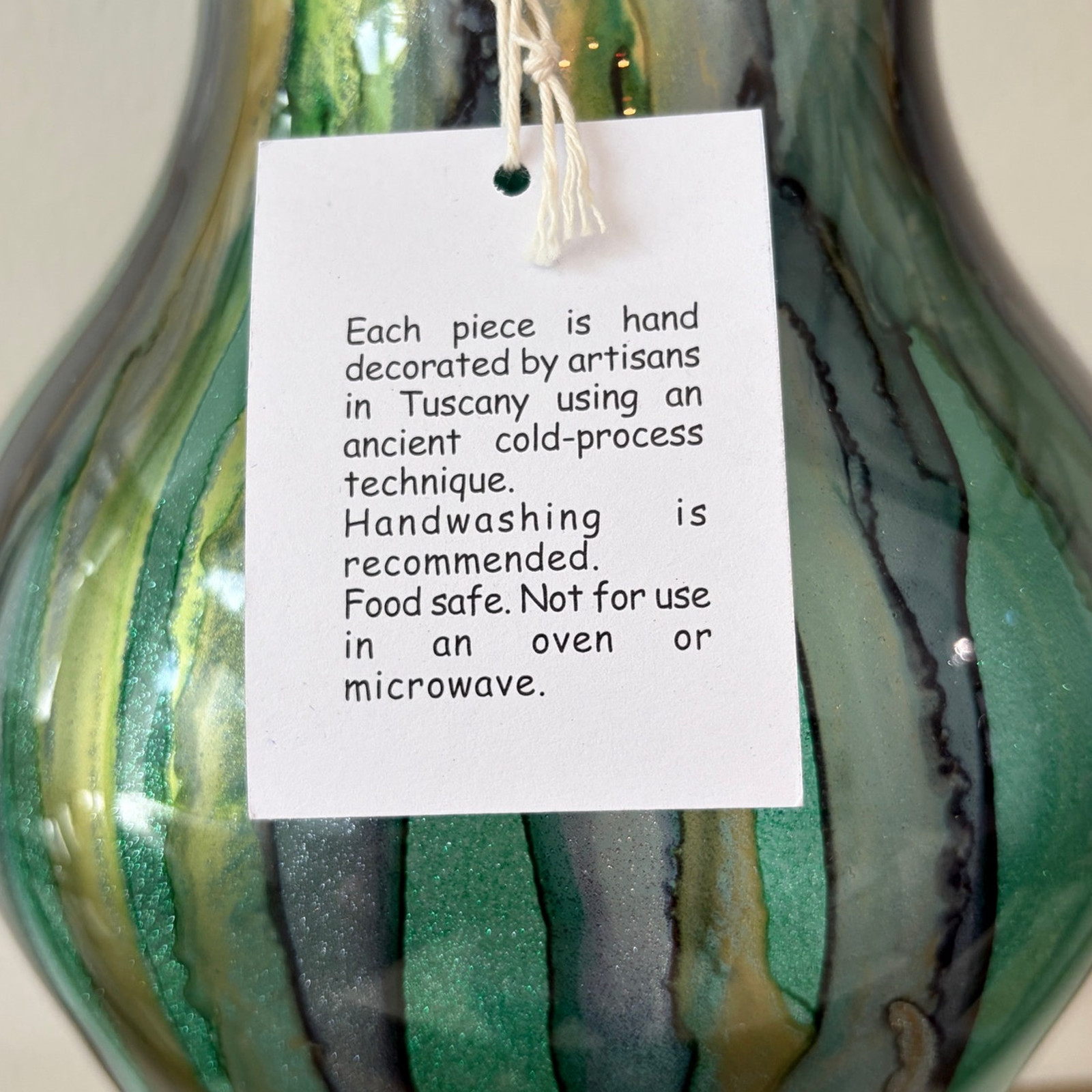 Italian Murano Art Glass Vase 14.5in Green Blue Gold Glitter Swirl Hand Blown