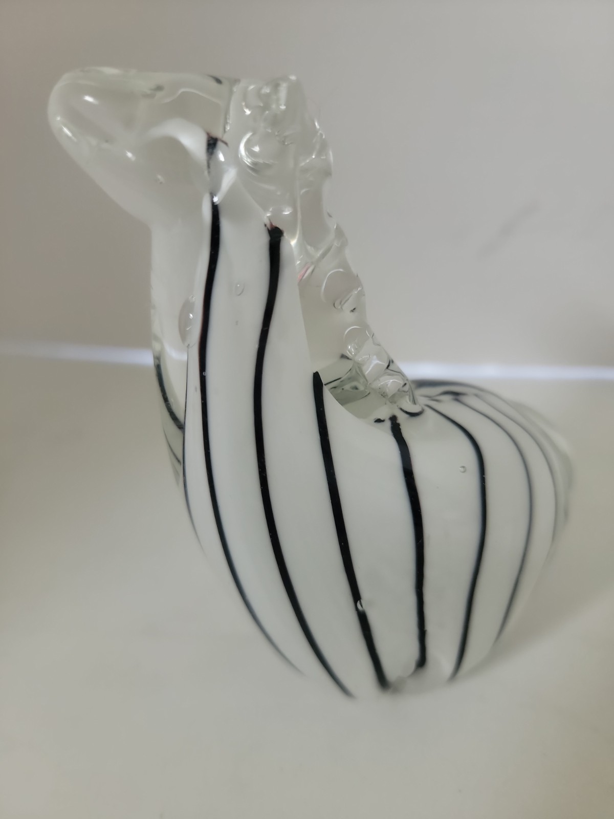 Hand Blown Art Glass Black & White Striped Zebra Paperweighr Figurine 4”