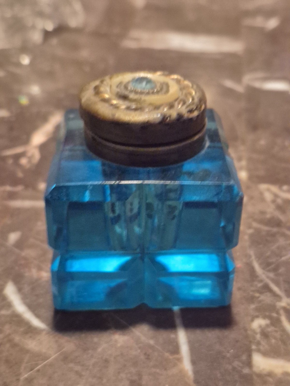 Antique Art Deco Azure Blue Cut Glass Ink Well