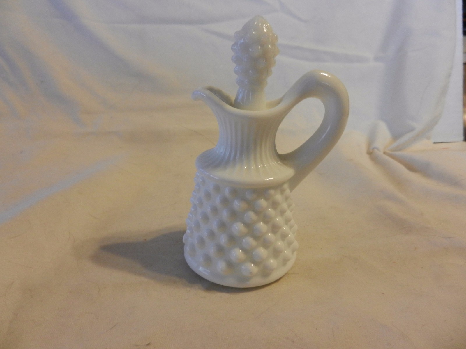 White Milk Glass Cruet with stopper Hobnail Pattern