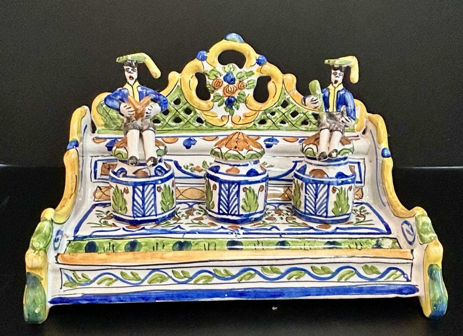 Spanish Manises Faience Figural Inkwell Set Renaissance Inkstand José Gimeno