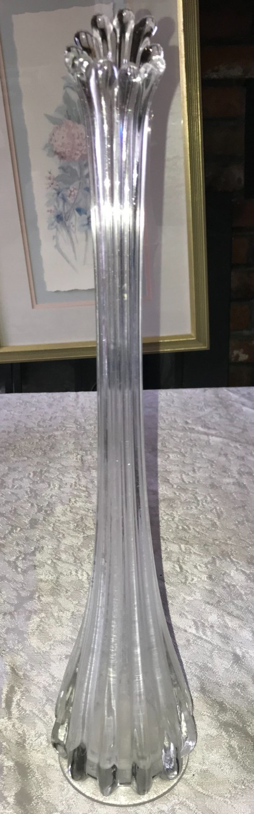 MCM Rare L.E. SMITH Clear Art GLASS 12-Petal RIBBED Panel SWUNG VASE 16½” Tall