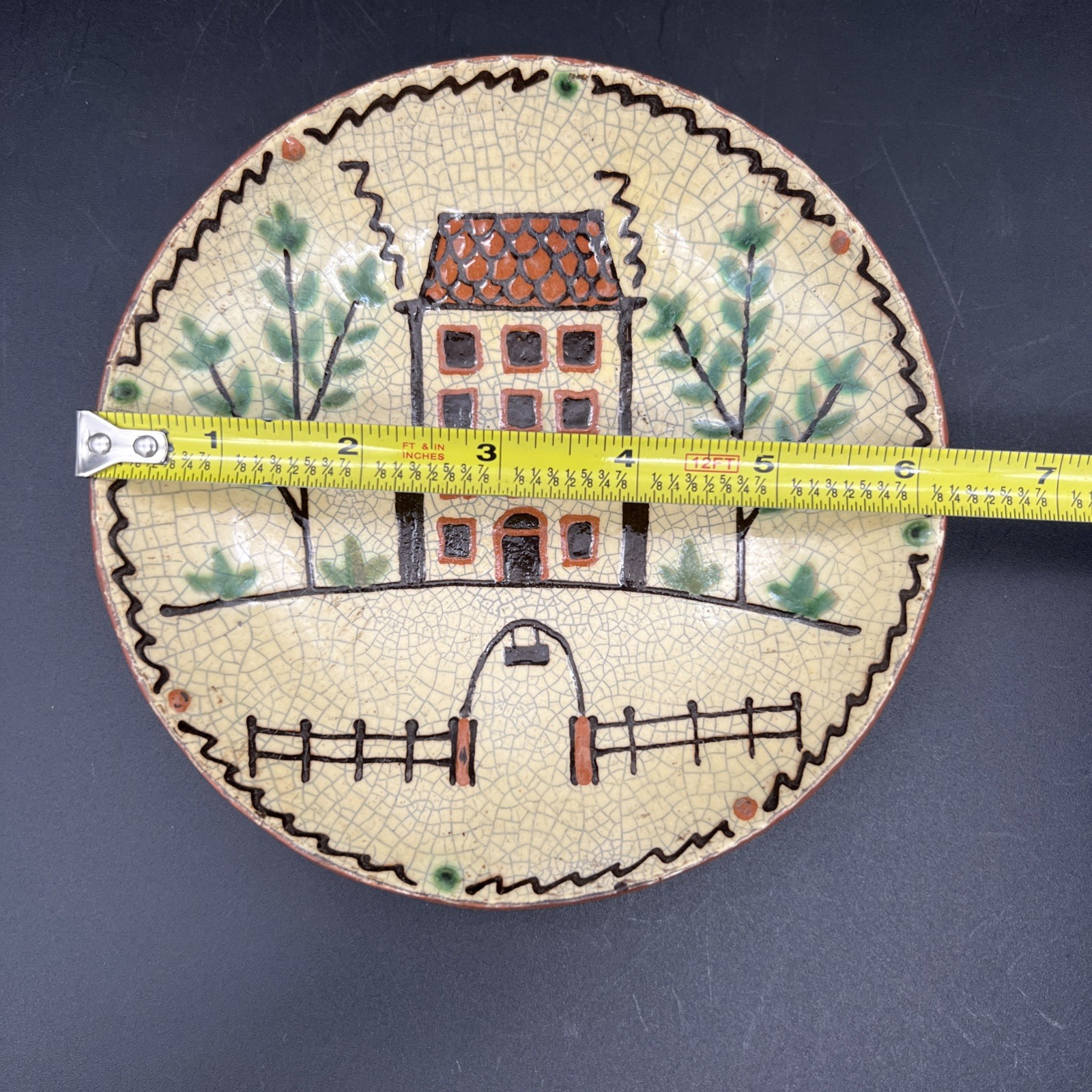 Vintage Turtle Creek Potters Redware Folk Art Primitive 6″ HOUSE Plate Dish 2003