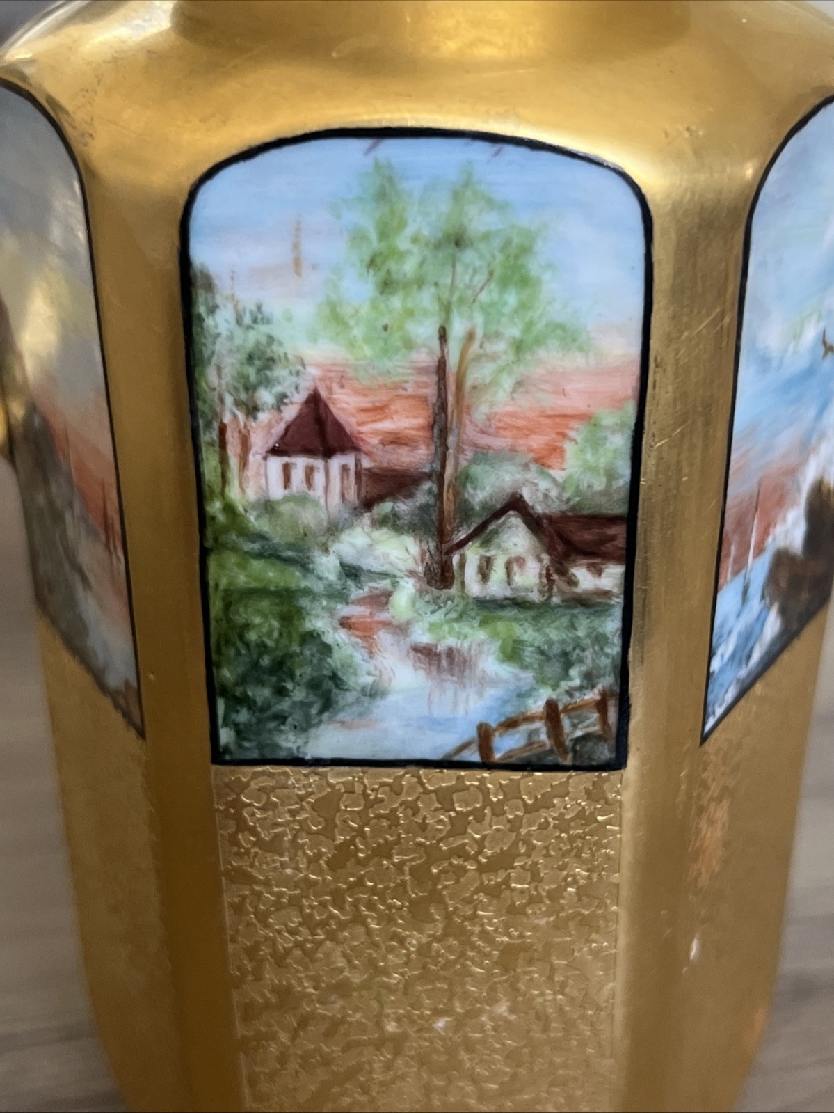 Vtg Gold Encrusted Double Handled 6” Vase Hand painted Landscape Design