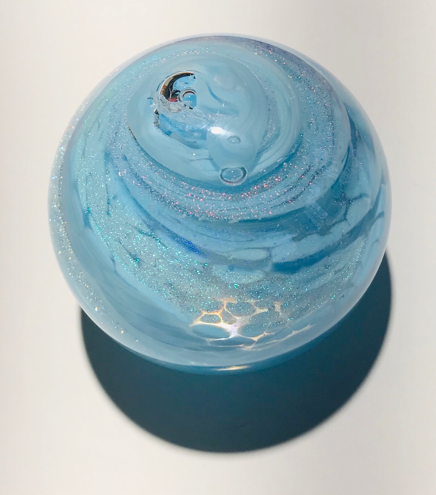 Handmade Dichroic Glass Paperweight by Janet Wolery – BLUE CLOUD SWIRL – 3 1/4”