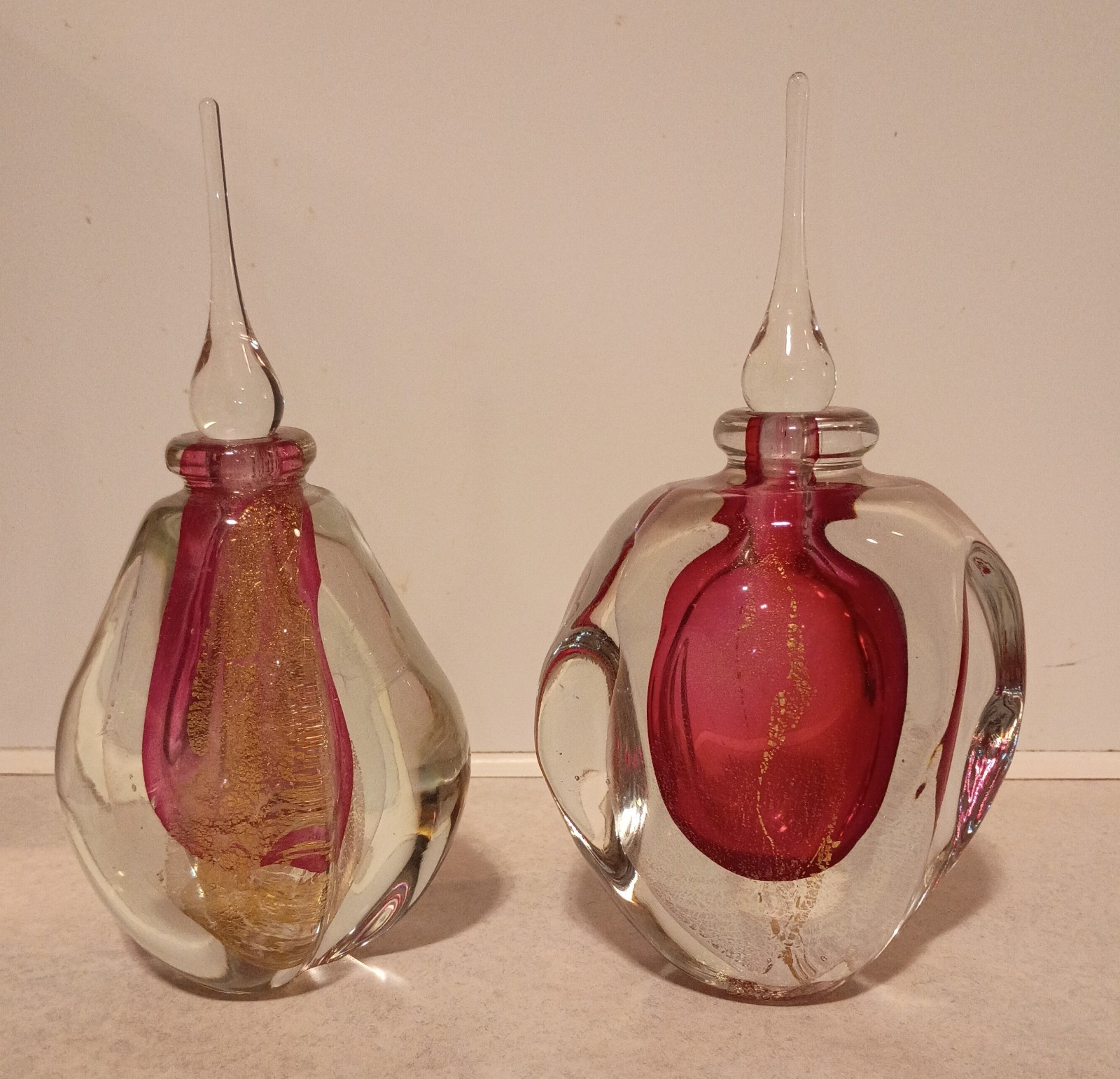 Lot Of 2 Signed Robert Eickholt Red & Gold Free Form Art Glass Perfume Bottles