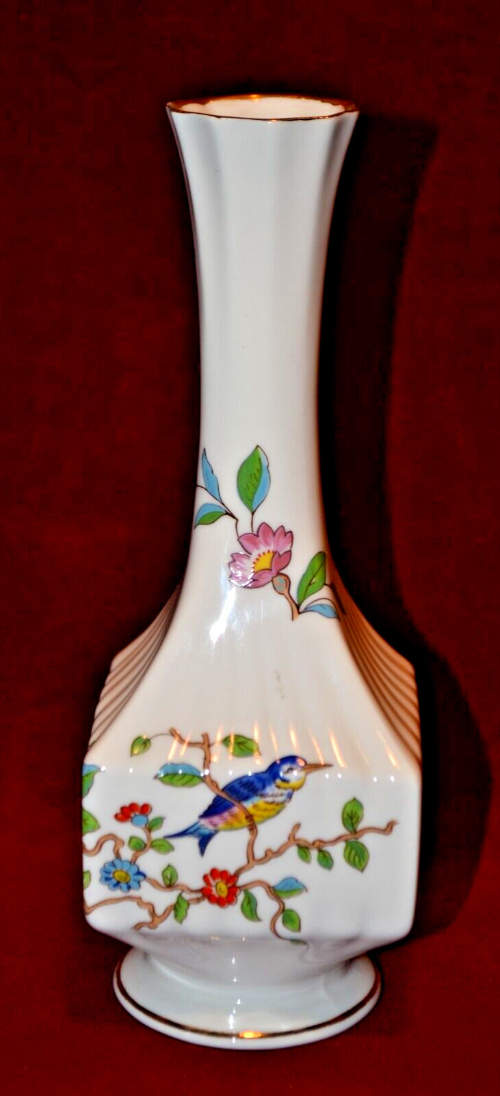 Aynsley Pembroke Fine Bone China Square Bud Vase Bird Floral England 7″