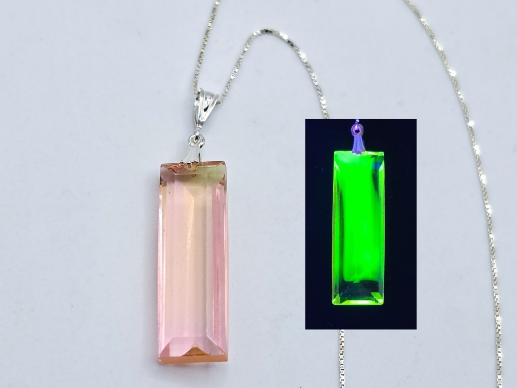 Sterling Pink Uranium Glass Necklace Baguette 925 Silver