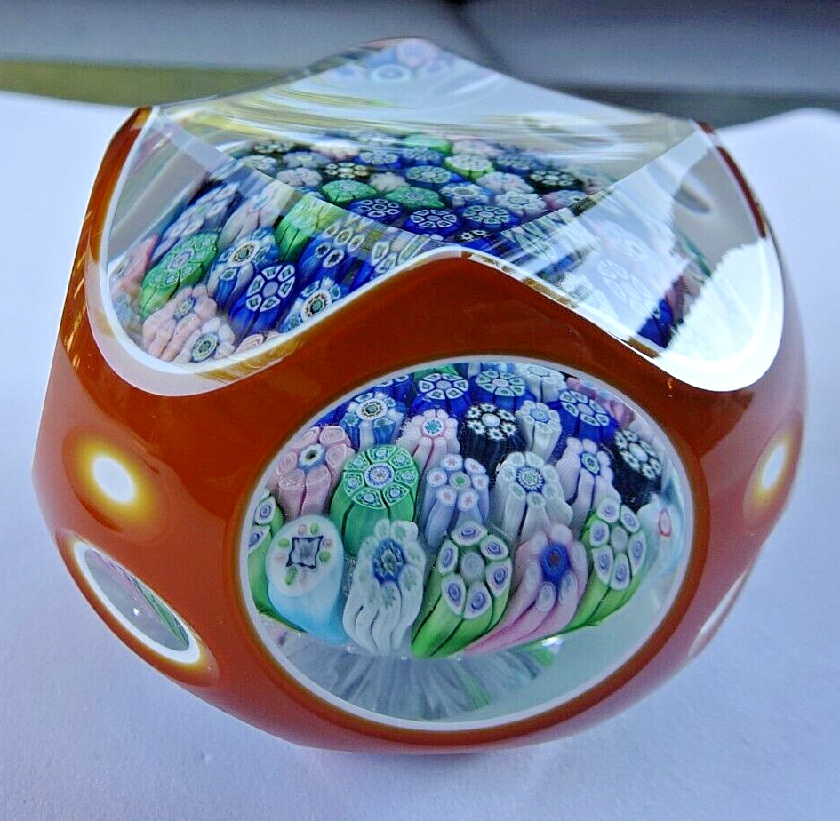 1981H Perthshire Glass Amber Overlay Faceted Millefiori Paperweight Fancy Cut LE