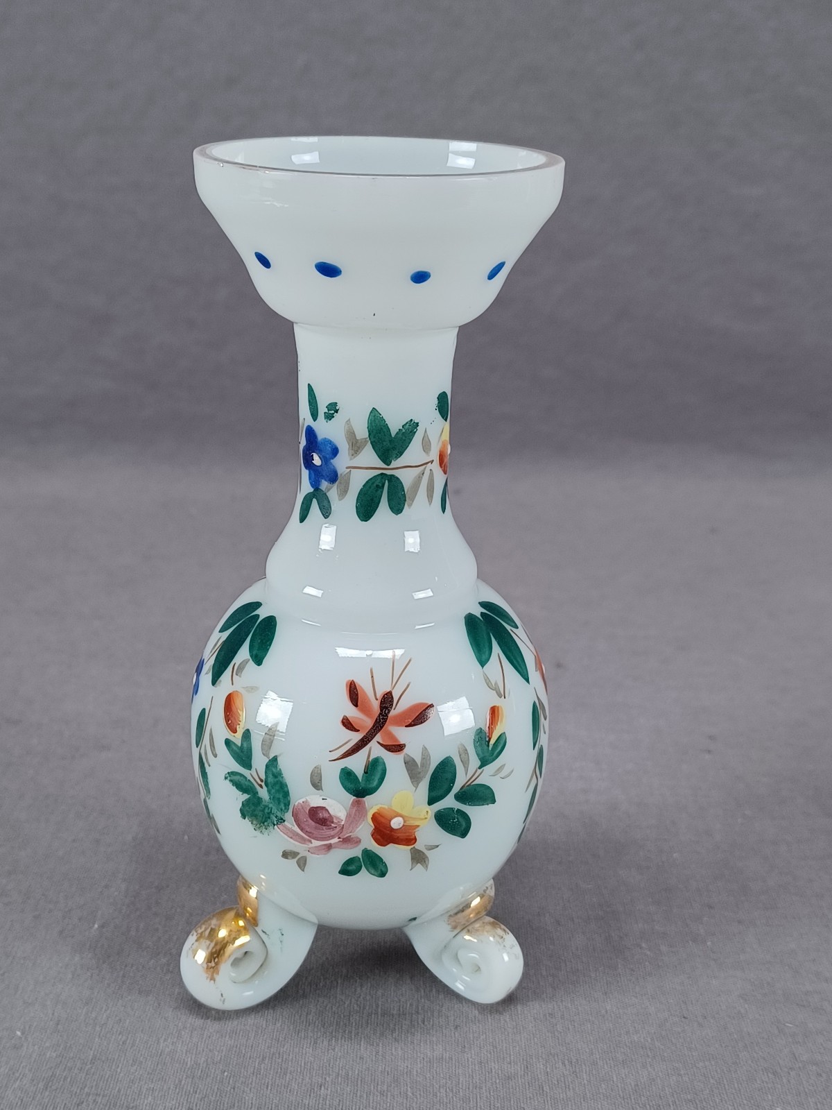 Late 18th Century Bohemian Enameled Dragonflies & Floral Opaline Glass Vase