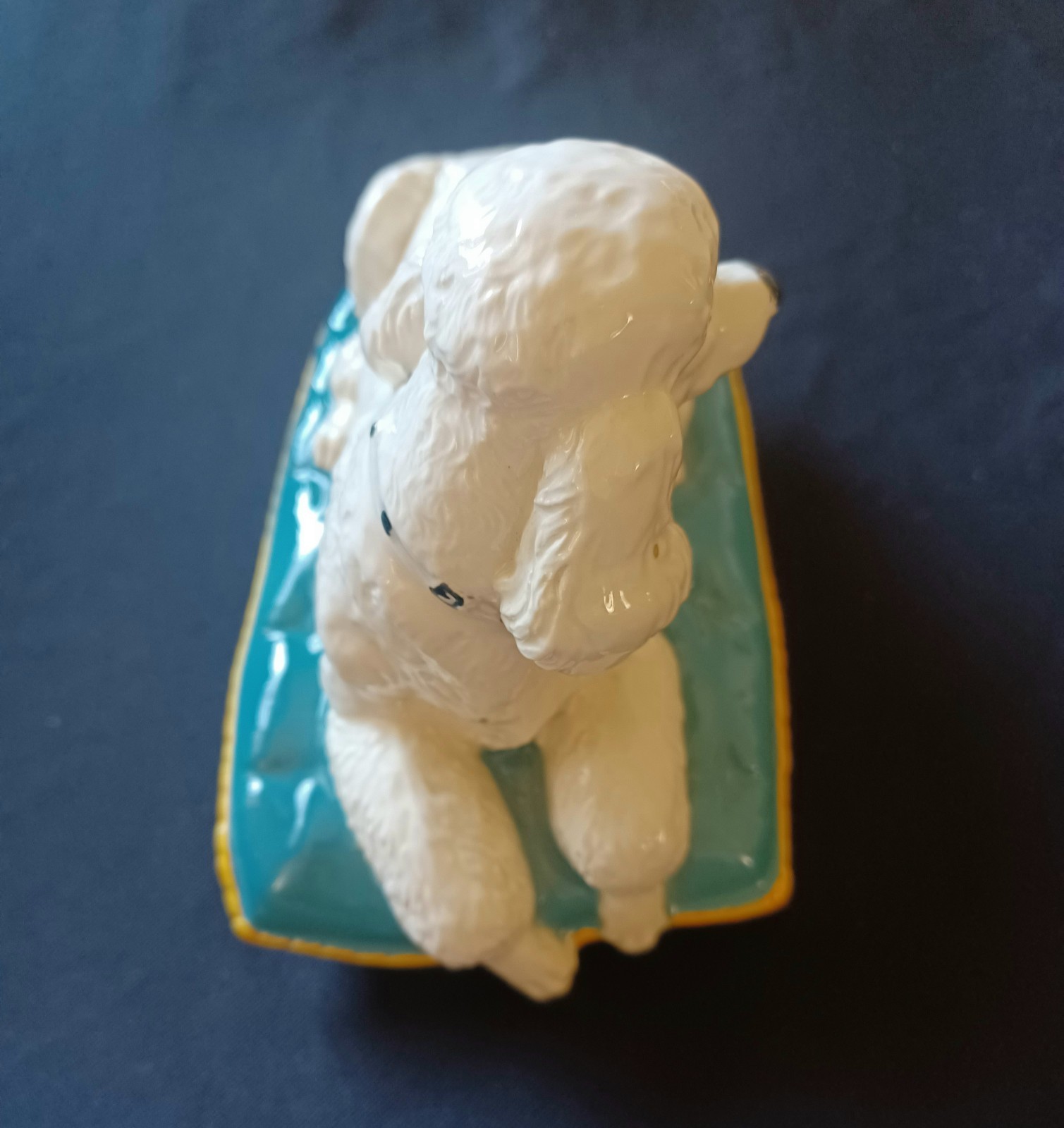 Vintage 1980s Royal Doulton Beswick White Poodle On Blue Cushion Dog Figurine