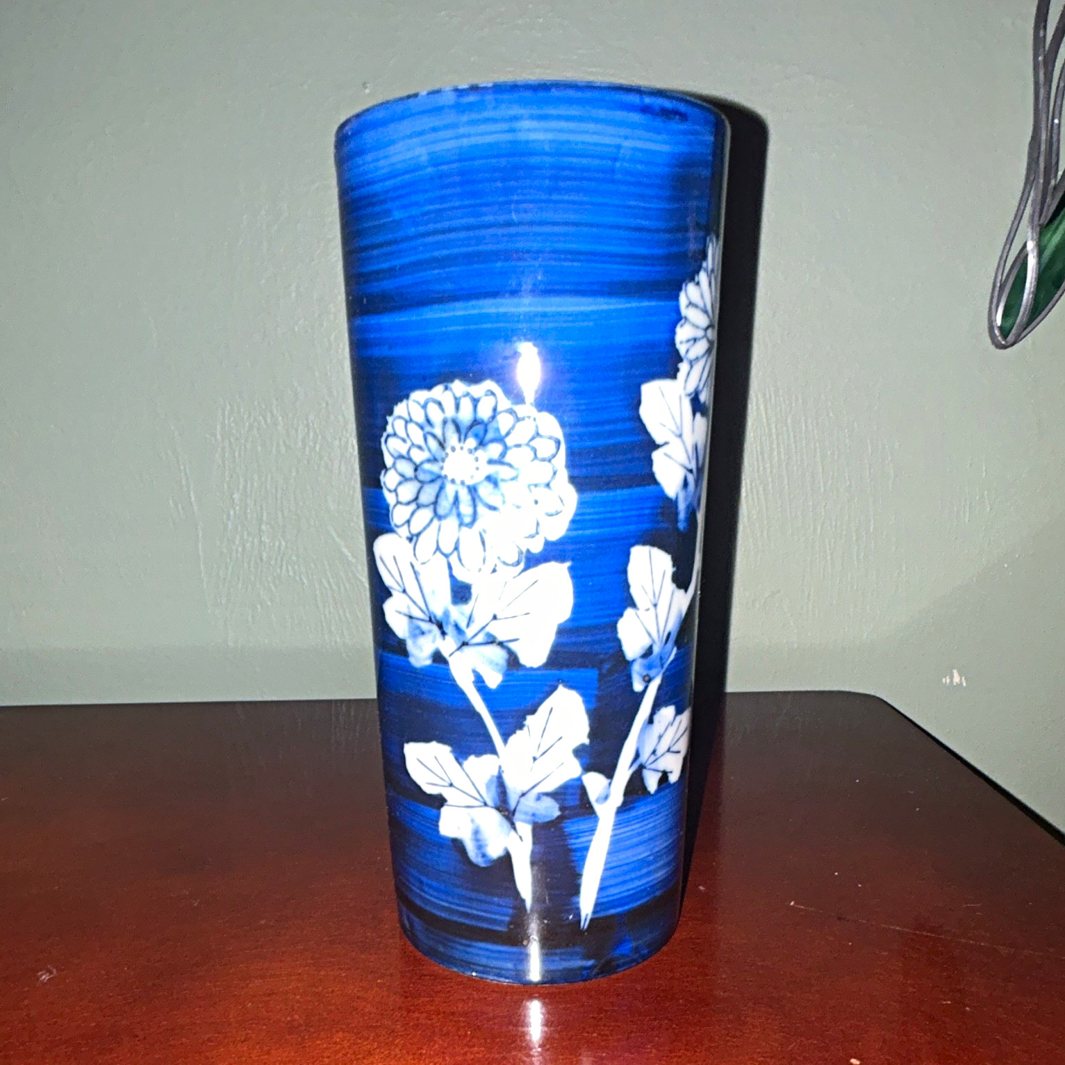 Takahashi Hand Painted Ceramic Vase Blue & White Floral Art Pottery SF