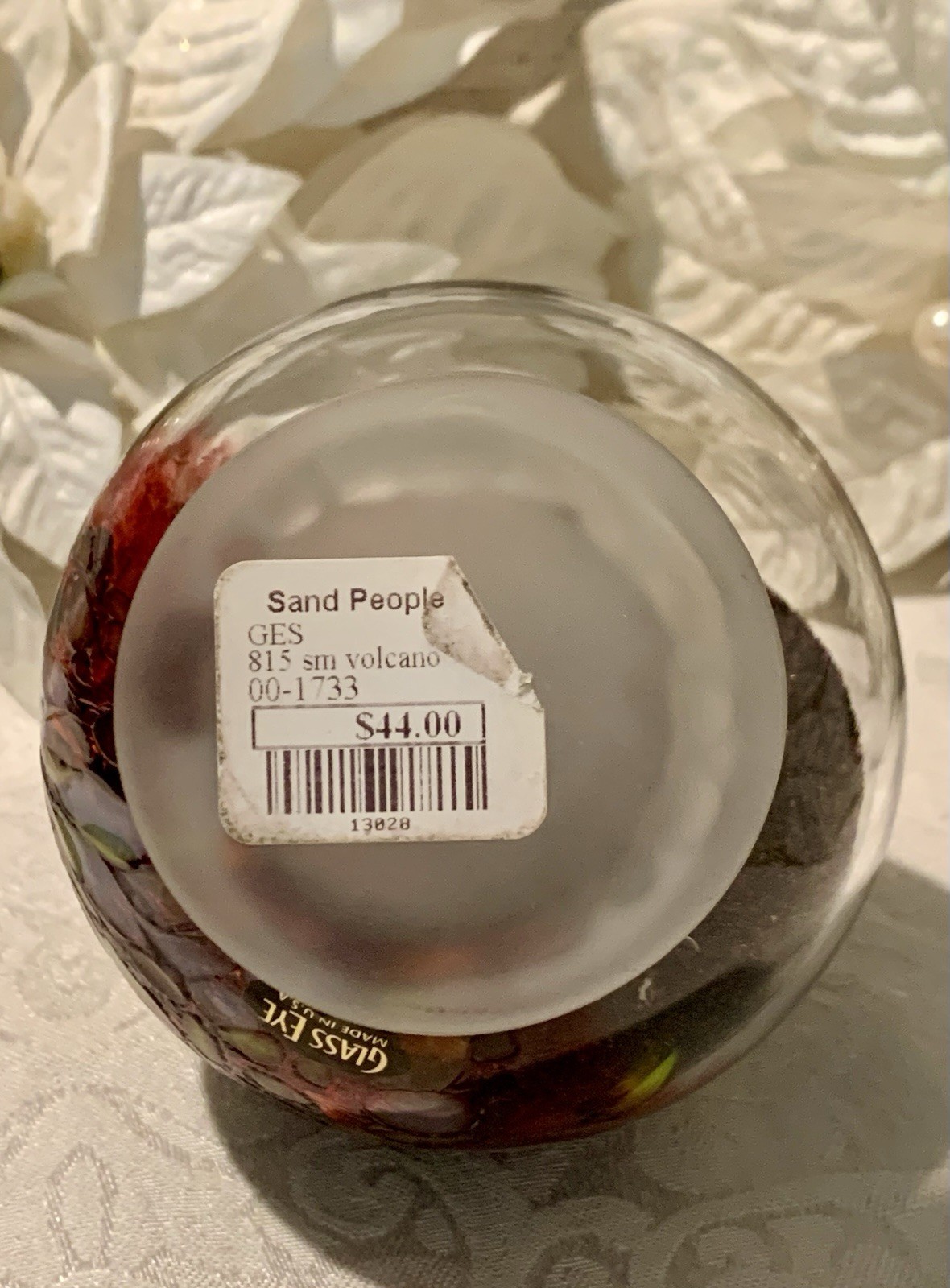 Art Glass Eye Studio Globe Sand & Sea Shells Paperweight Red Swirl 3 3/4”