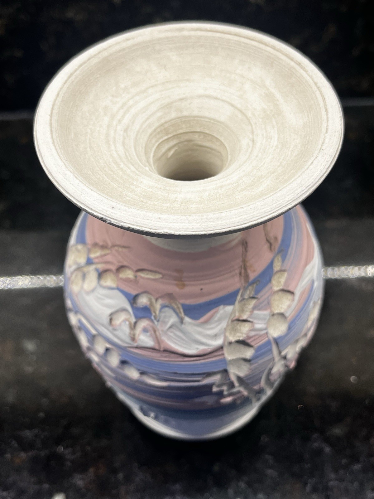 Studio Pottery Beach Vase Signed Ocean Carved Pink Blue Sunset 5×3