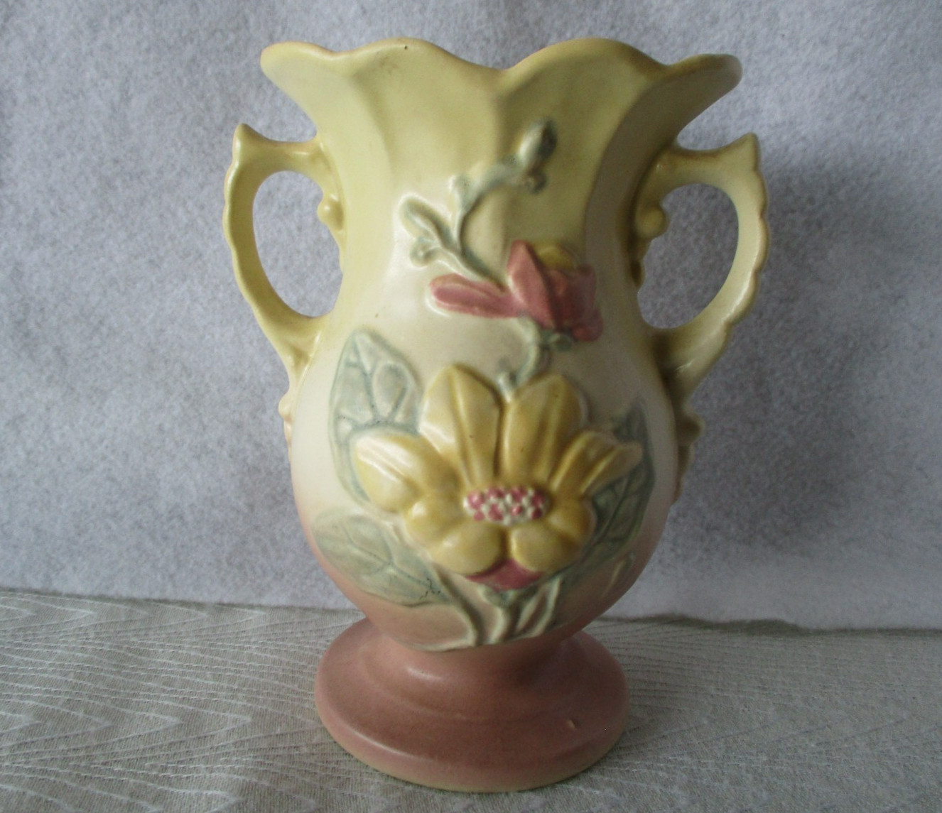 Hull Pottery Vase pattern Magnolia Matte Colors Yellow Pink 2 Handles 6.5″ High