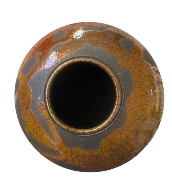 Studio RAKU Pottery Vessel with Sculptured Lid Crackle Glaze Organic Pattern
