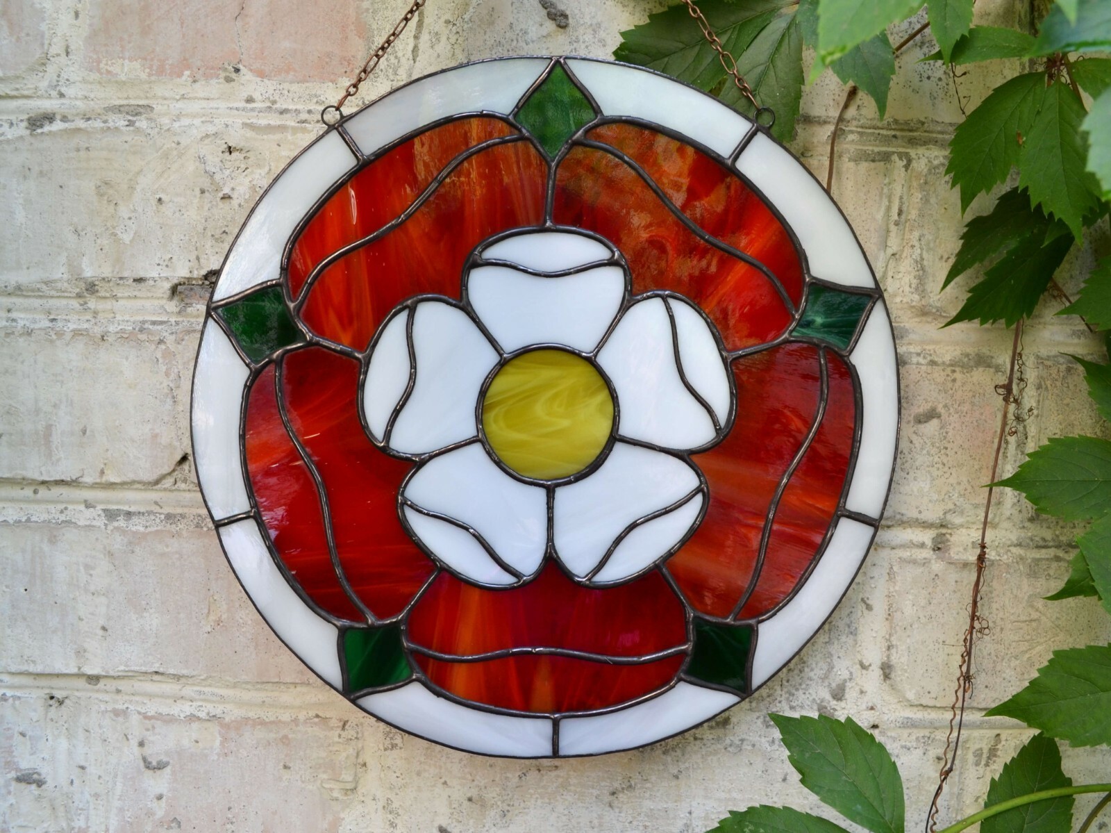 Tudor Rose Round Stained Glass Window Panel 10″